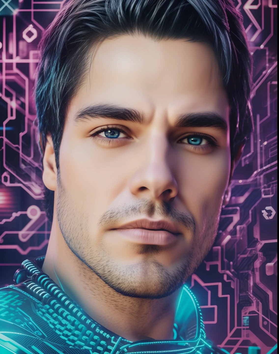 Homem, fundo cidade cyberpunk 8k