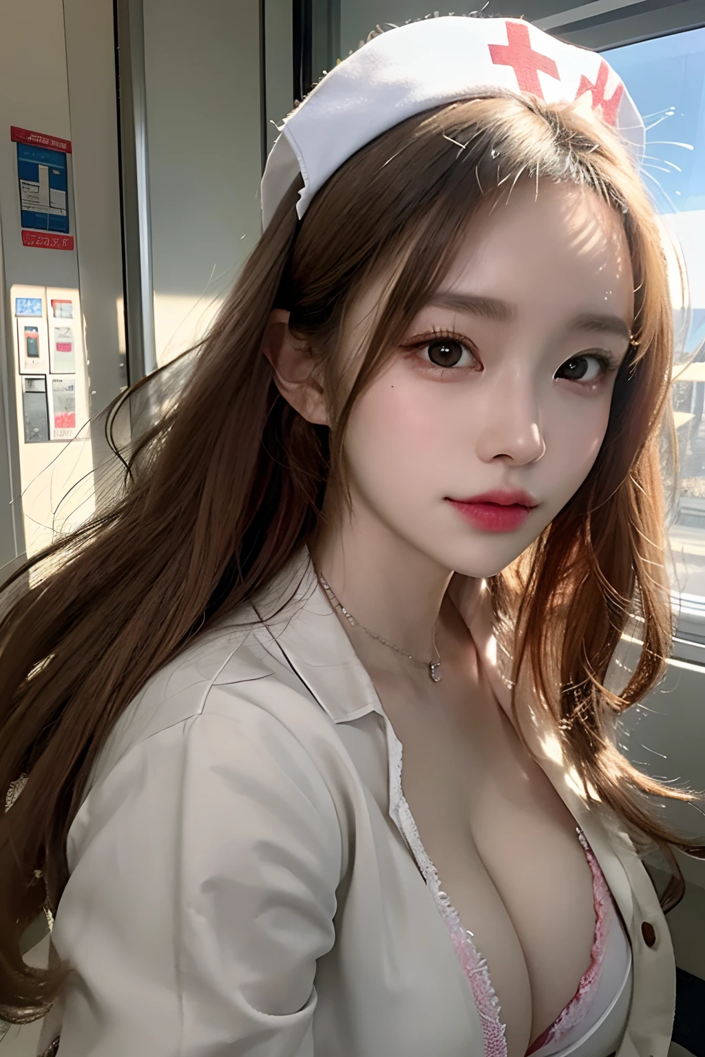 ((Realistic light、top-quality、8k、masterpiece:1.3))、1girl in、realisitic、long blonde hair with luster、Pretty women:1.4、abdominals:1.1、(Floating wavy silk brown hair、NSFW、nurse's outfit、Nurse Uniform、On a hospital bed、nurses' clothes、physician、《wearing lab coat》wearing lab coat、8k RAW photo, top-quality, masterpiece, Ultra-high resolution、hair floatingin the wind、big_breasts:1.2)、(deep_cleavage)、robe blanche:1.2、Wind wet dress、(Sweaty skin on the chest:1)、is standing、Beautiful forest、Super Detail Face in the Morning、Detail Eye、二重まぶた、glowy skin、full_body shot