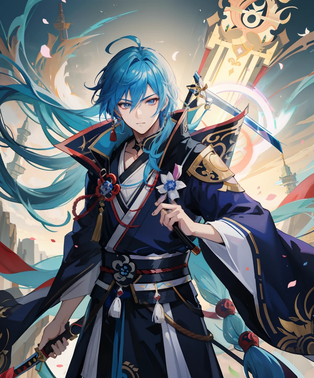 Anime - Style image of a handsome guy with blue hair holding a sword, There is a third eye in the middle of the eyebrows, which is from the Keqing of Genshin impact, handsome guy in demon killer art, anime in fantasy style, Anime fantasy illustration, zhongli from genshin impact, Onmyoji detailed art, style of anime4 K, Anime fantasy artwork, Anime art wallpaper 4k, Anime art wallpaper 4 K
