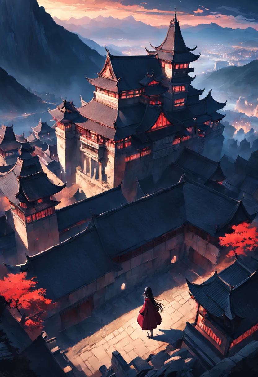 Best quality, Masterpiece, 超高分辨率, (photograph realistic:1.4), surrealism, Dream-like,fusionart, Shadowdancer, shadow magic,Red-eyed, Black-haired vampire，Dilapidated castle in the background，pov from above,4K, scenery, Mountain, No Man, Outdoors, sky, Night, architecture, east asian architecture, lantern, Cloud, tree, Building, house,rivers,Fluorescent butterfly, rim-light,Low moonshine,