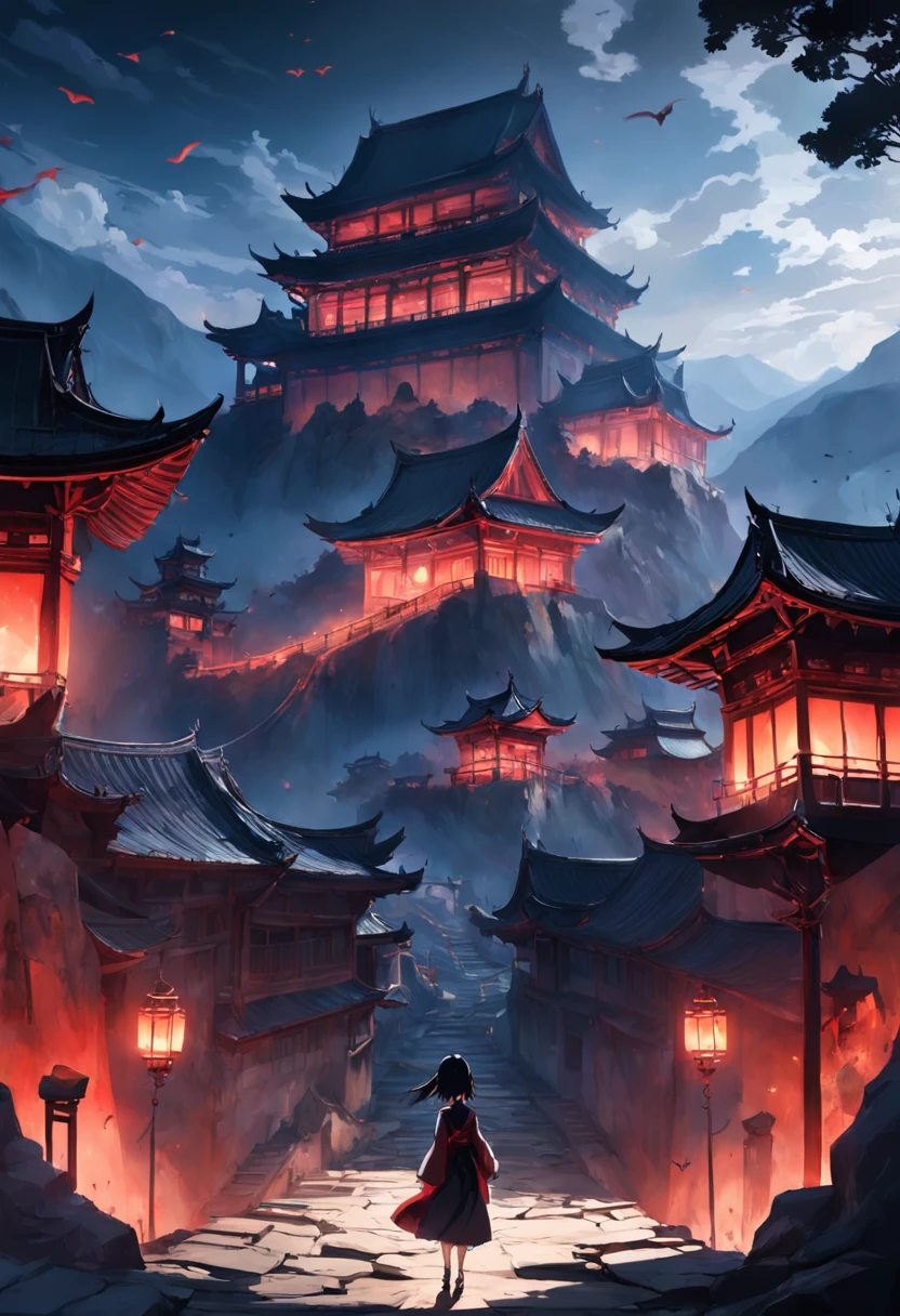 Best quality, Masterpiece, 超高分辨率, (photograph realistic:1.4), surrealism, Dream-like,fusionart, Shadowdancer, shadow magic,Red-eyed, Black-haired vampire,Dilapidated castle in the background,pov from above,4K, scenery, Mountain, No Man, Outdoors, sky, Night, architecture, east asian architecture, lantern, Cloud, tree, Building, house,rivers,Fluorescent butterfly, rim-light,Low moonshine,
