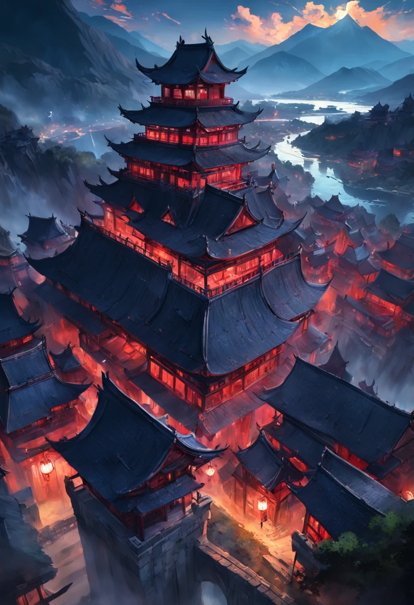 Best quality, Masterpiece, 超高分辨率, (photograph realistic:1.4), surrealism, Dream-like,fusionart, Shadowdancer, shadow magic,Red-eyed, Black-haired vampire，Dilapidated castle in the background，pov from above,4K, scenery, Mountain, No Man, Outdoors, sky, Night, architecture, east asian architecture, lantern, Cloud, tree, Building, house,rivers,Fluorescent butterfly, rim-light,Low moonshine,