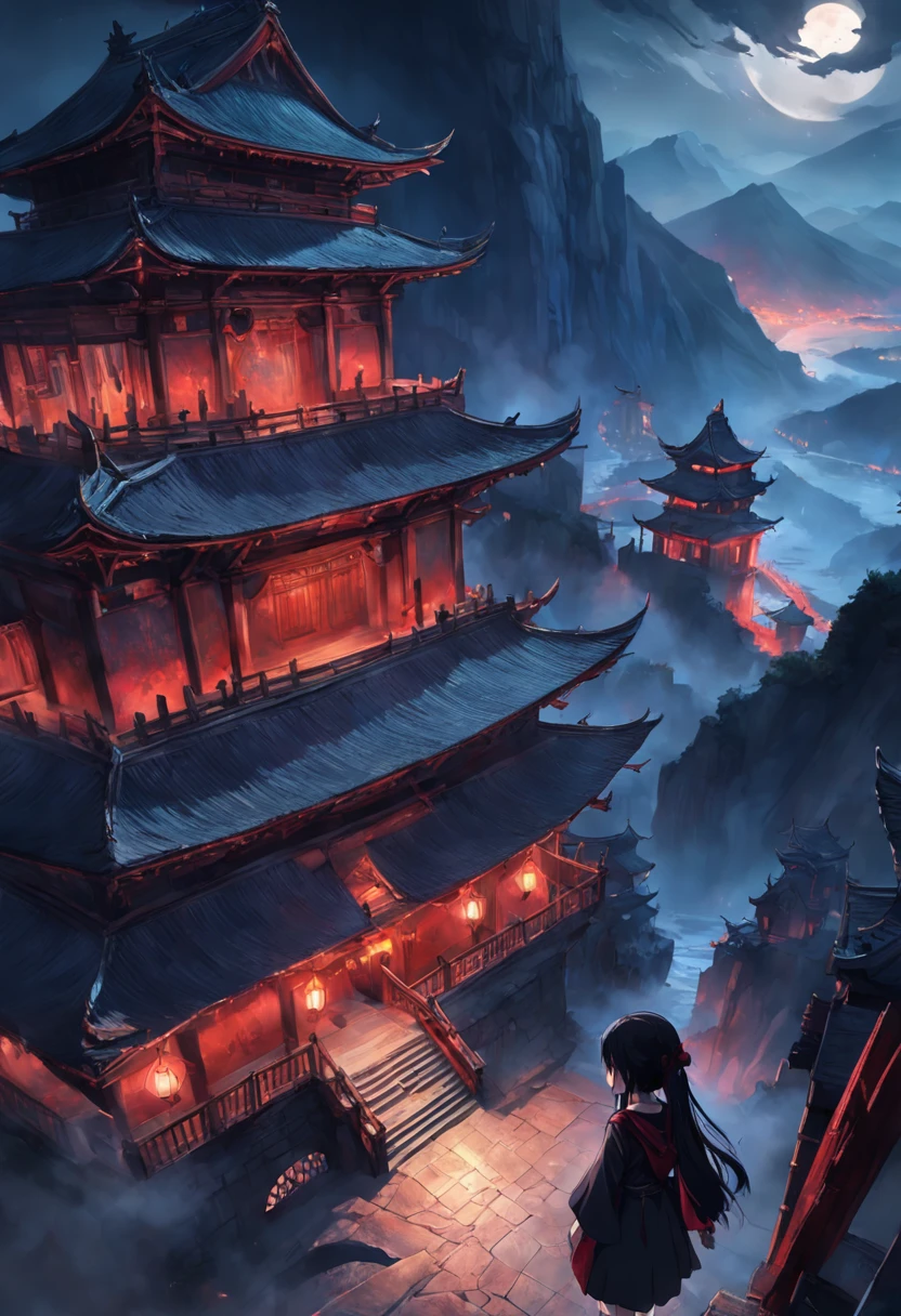 Best quality, Masterpiece, 超高分辨率, (photograph realistic:1.4), surrealism, Dream-like,fusionart, Shadowdancer, shadow magic,Red-eyed, Black-haired vampire,Dilapidated castle in the background,pov from above,4K, scenery, Mountain, No Man, Outdoors, sky, Night, architecture, east asian architecture, lantern, Cloud, tree, Building, house,rivers,Fluorescent butterfly, rim-light,Low moonshine,