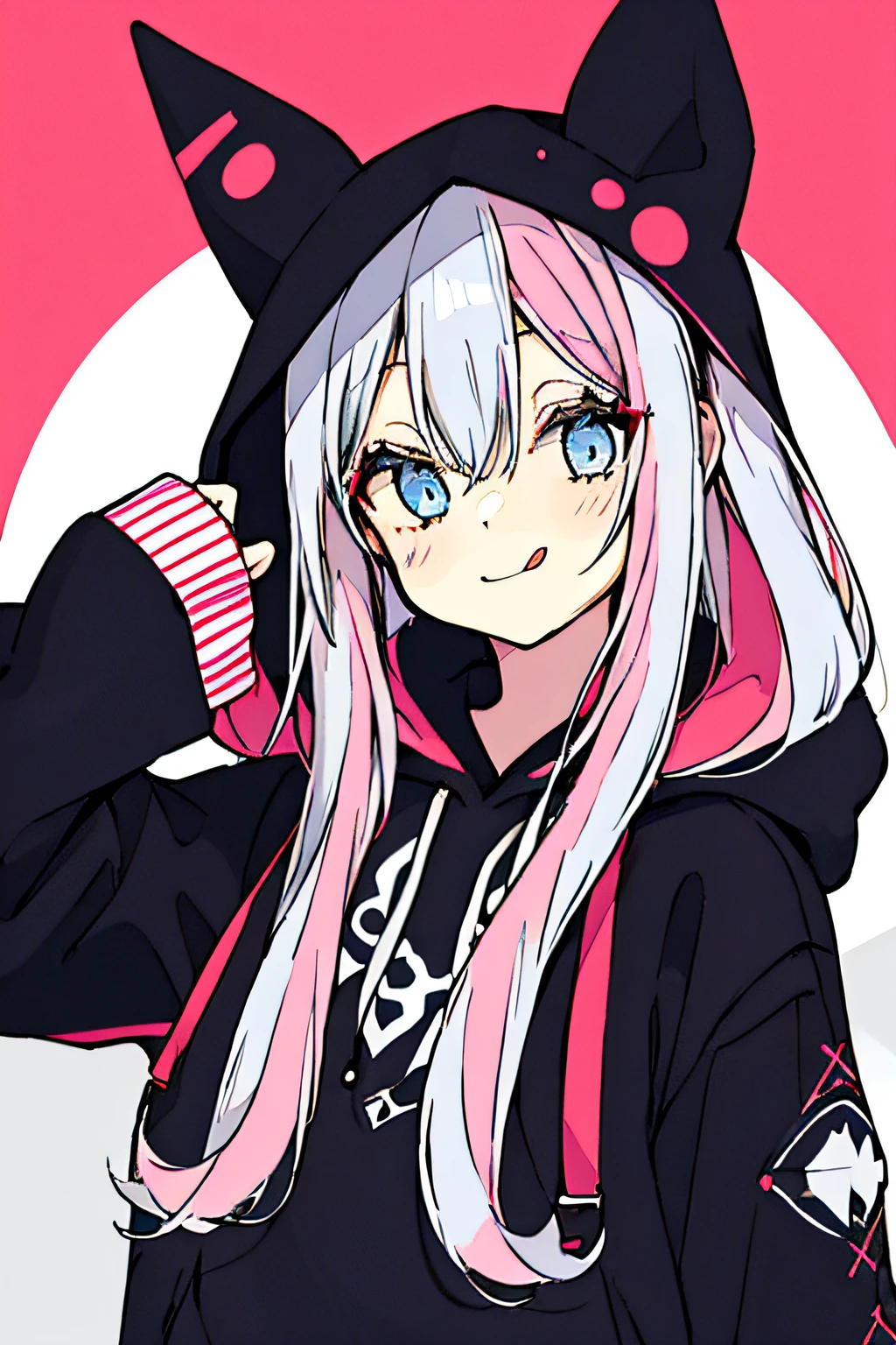 1girl, solo, hood, blue eyes, tongue, tongue out, long hair, long sleeves, bangs, hood up, black hoodie, arm up, upper body, multicolored hair, looking at viewer, white hair, hair between eyes, puffy long sleeves, hoodie, puffy sleeves, pink hair, drawstring, blush, closed mouth, :p, fake animal ears, virtual youtuber, sleeves past wrists, smile, horns, black jacket, jacket, two-tone hair