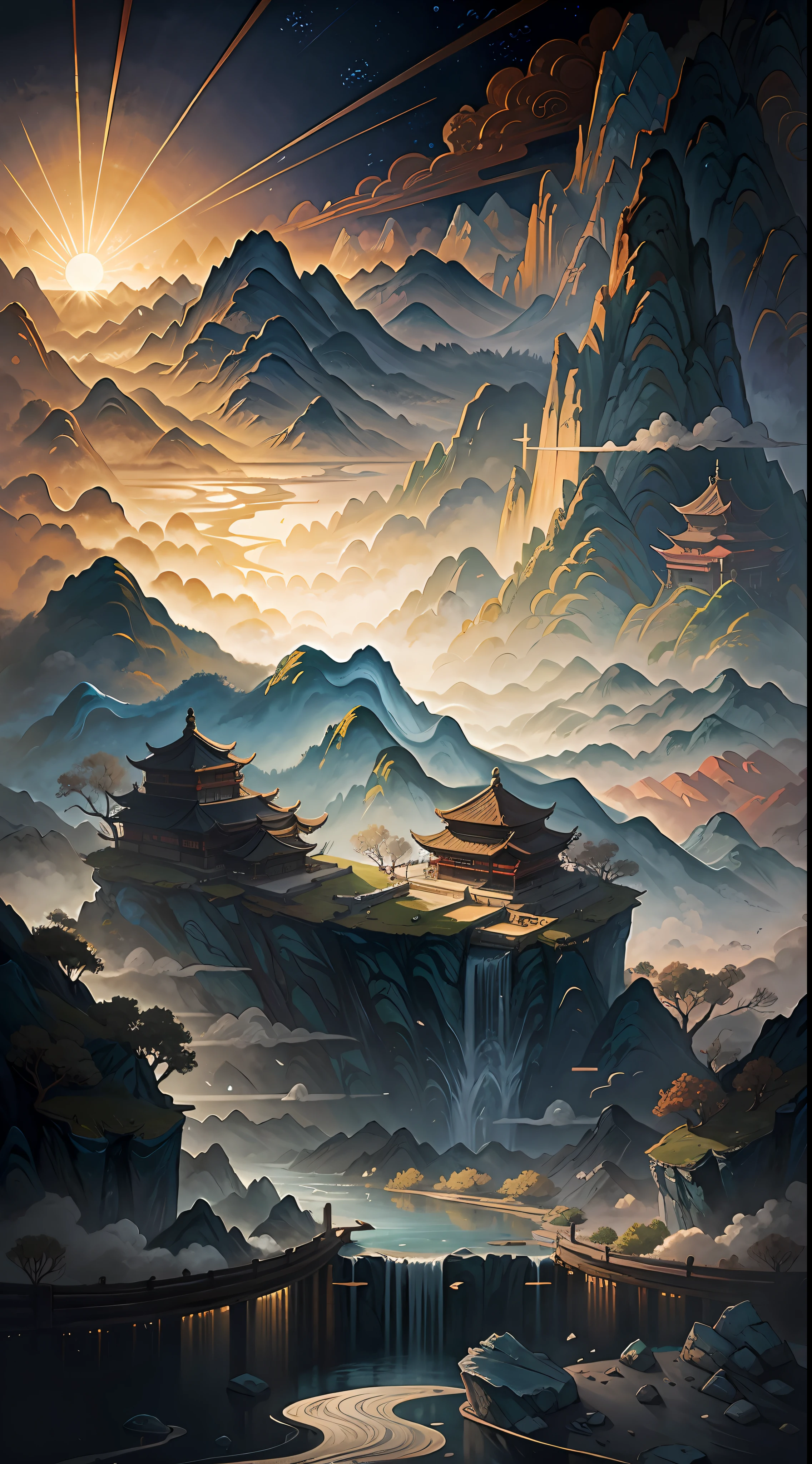 Ancient Chinese landscape, mountains, rivers, auspicious clouds, sunlight, masterpiece, super detail, epic composition, ultra high definition, high quality, extremely detailed, official art, uniform 8k wallpaper, super detail, 32k -- v 6