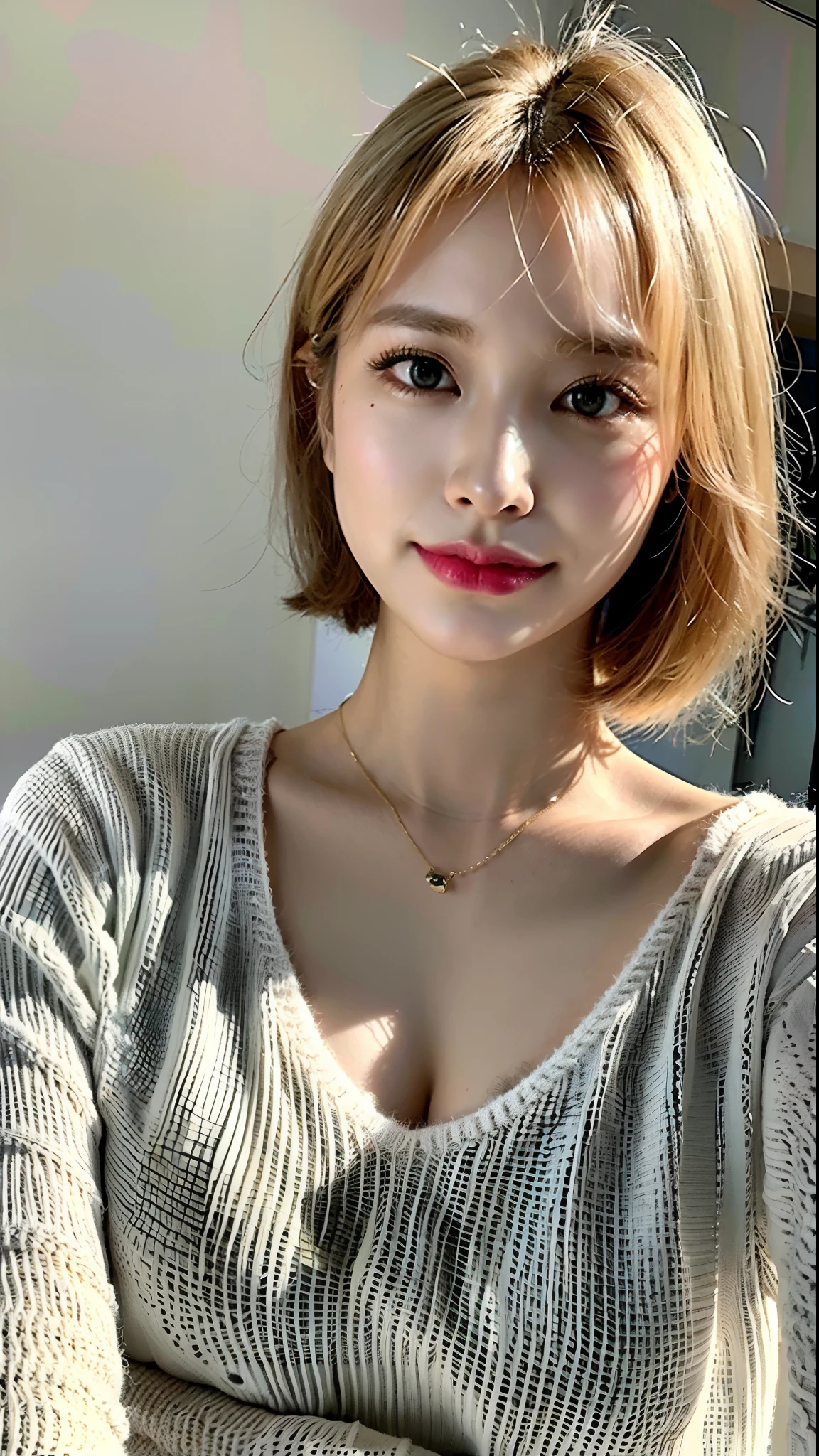 (Best quality, 8k, 32k, Masterpiece, UHD:1.2),Photo of Pretty Japanese woman, large breasts, very short bob hair,upper body,(oversized_sweater,:1.1) necklace, simple background, looking at around, (Best quality, 8k, 32k, Masterpiece, UHD:1.2),Photo of Pretty Japanese woman, large breasts, very short bob hair,upper body,face focus,(oversized_sweater,:1.1) necklace, simple background, looking at viewer, leaning forward, huge breast, perfect body, blonde hair, yelow sweater, upper ear with piercing,