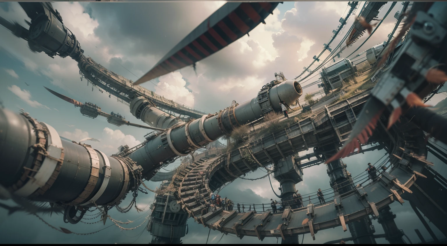 Severely distorted, The gloomy sky gradually darkened, A bizarre object composed of twisted feathers/Machinery/pipelines/Rusty components float in the air, extra detail, 4kHD details, Best resolution, Surrealist composition, Extreme camera angles, Motion blur, Depth of field, foreshortening, tilted camera angle, Cinematic lighting, A cinematic scene, Precise details, intense detail, Panoramic image, fisheyelens