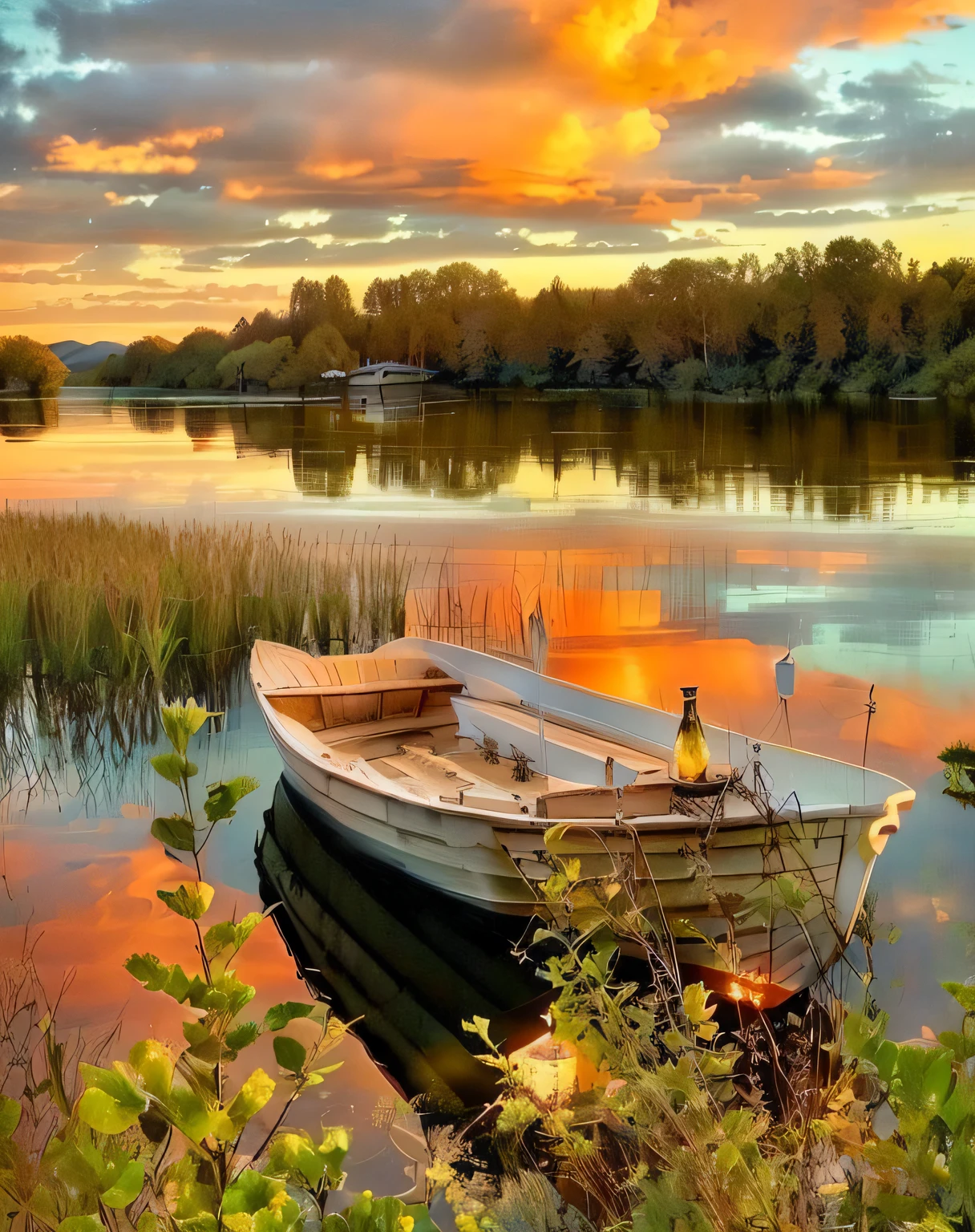 There is a boat sitting in the water at sunset, warm beautiful scene, peaceful and serene, Beautiful lake, Beautiful place, peaceful scene, Beautiful nature, setting in nature, Peaceful atmosphere, very beautiful scenery, Peaceful environment, serene scene, serene evening atmosphere, nature in all its beauty, beautiful lake background, Beautiful scenery, Summer lake setting, calm evening,summertime