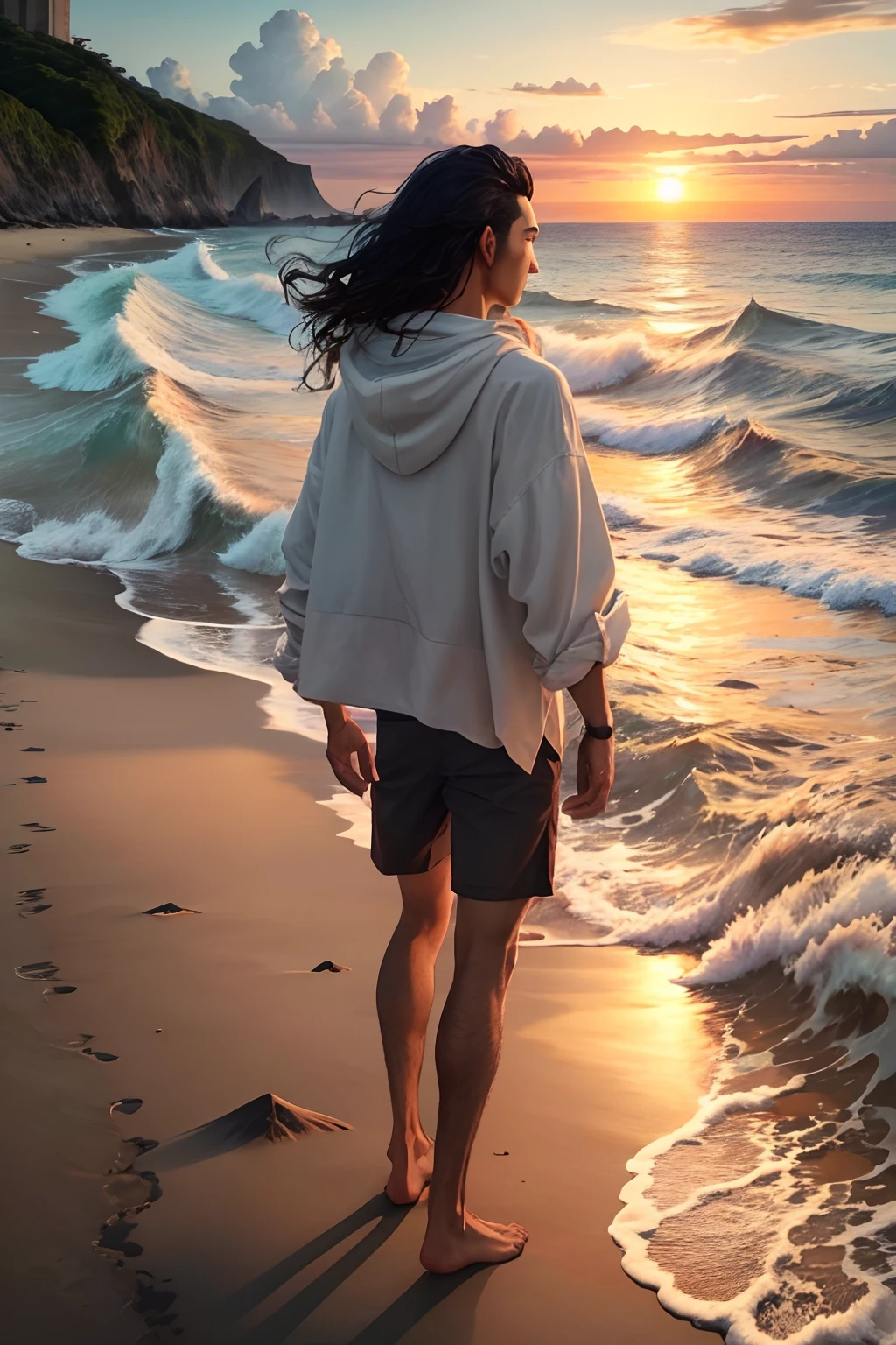 Desenhe uma cena costeira, onde o oceano encontra a terra. Na praia, Place a lone figure, Standing before the waves. The sky is tinged with warm sunset colors, reflecting in the waters. As the waves crash on the beach, a figura permanece firme, olhando para o horizonte com alma. His posture conveys strength and courage, enquanto as ondas simbolizam os desafios da vida. The scene captures the moment when the person prepares to face the tides, Finding courage in one's own adversity