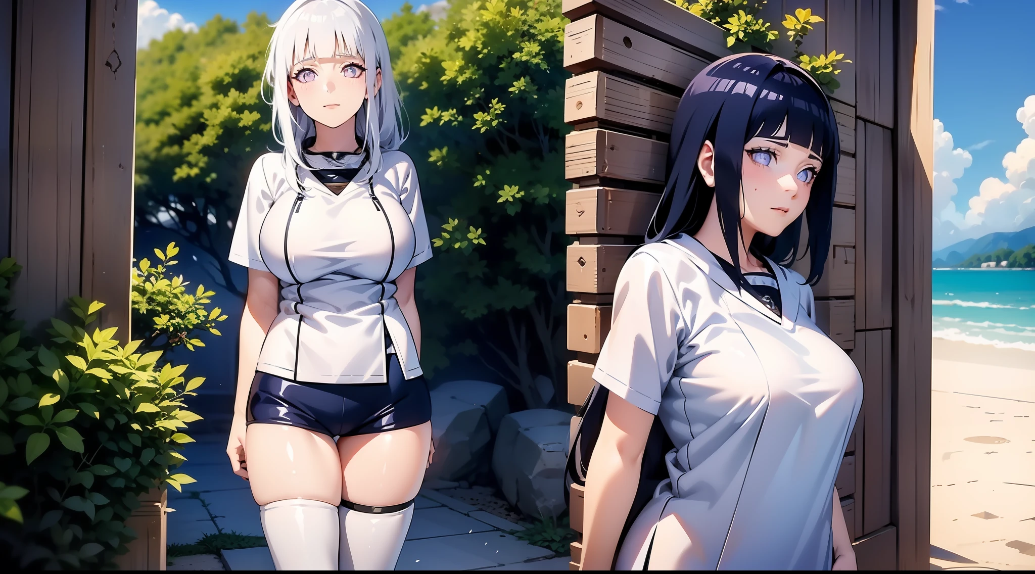 White hair，Hinata Hinata，Wearing a white T-shirt，Bigboobs，Black stockings，Shy face，Standing by the sea