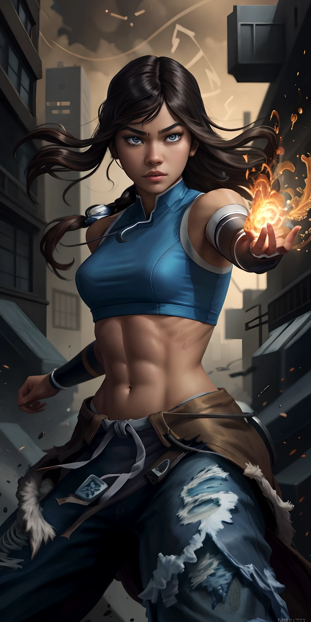 Zendaya like Korra, sightly muscled, messy hair, Full body, Beautiful anime waifu style girl,hyperdetailed painting, luminism, art by artgerm, concept art, dark background, abstract beauty, approaching perfection, pure form, golden ratio, minimalistic, dark atmosphere, unfinished, concept art, intricate details, 8k post production, high resolution, hyperdetailed, trending on artstation, sharp focus, studio photo, intricate details, highly detailed,