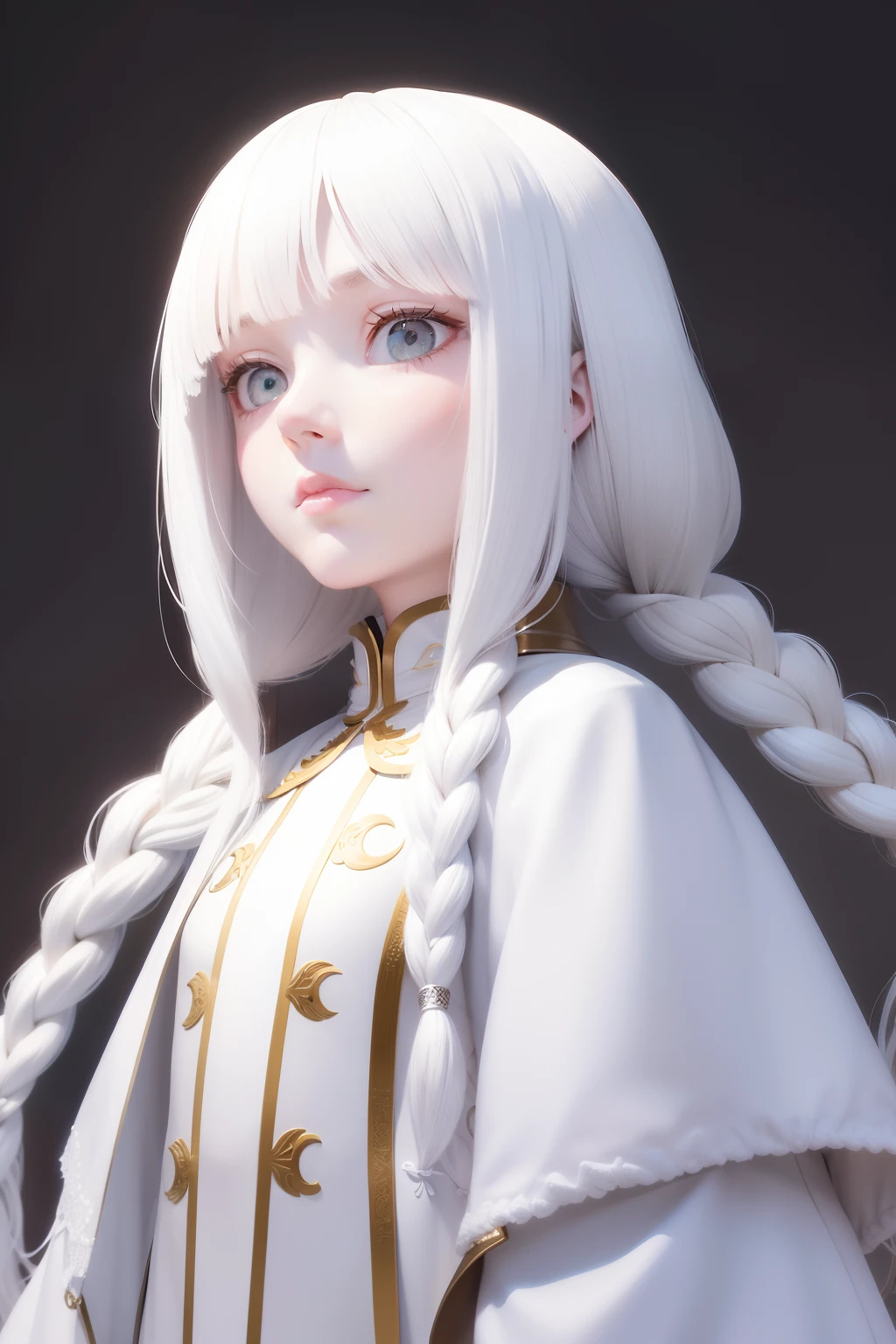 Manteau blanc,white skinned,whaite hair,long braid,Golden eyes,Look up,The upper part of the body,Need,tmasterpiece