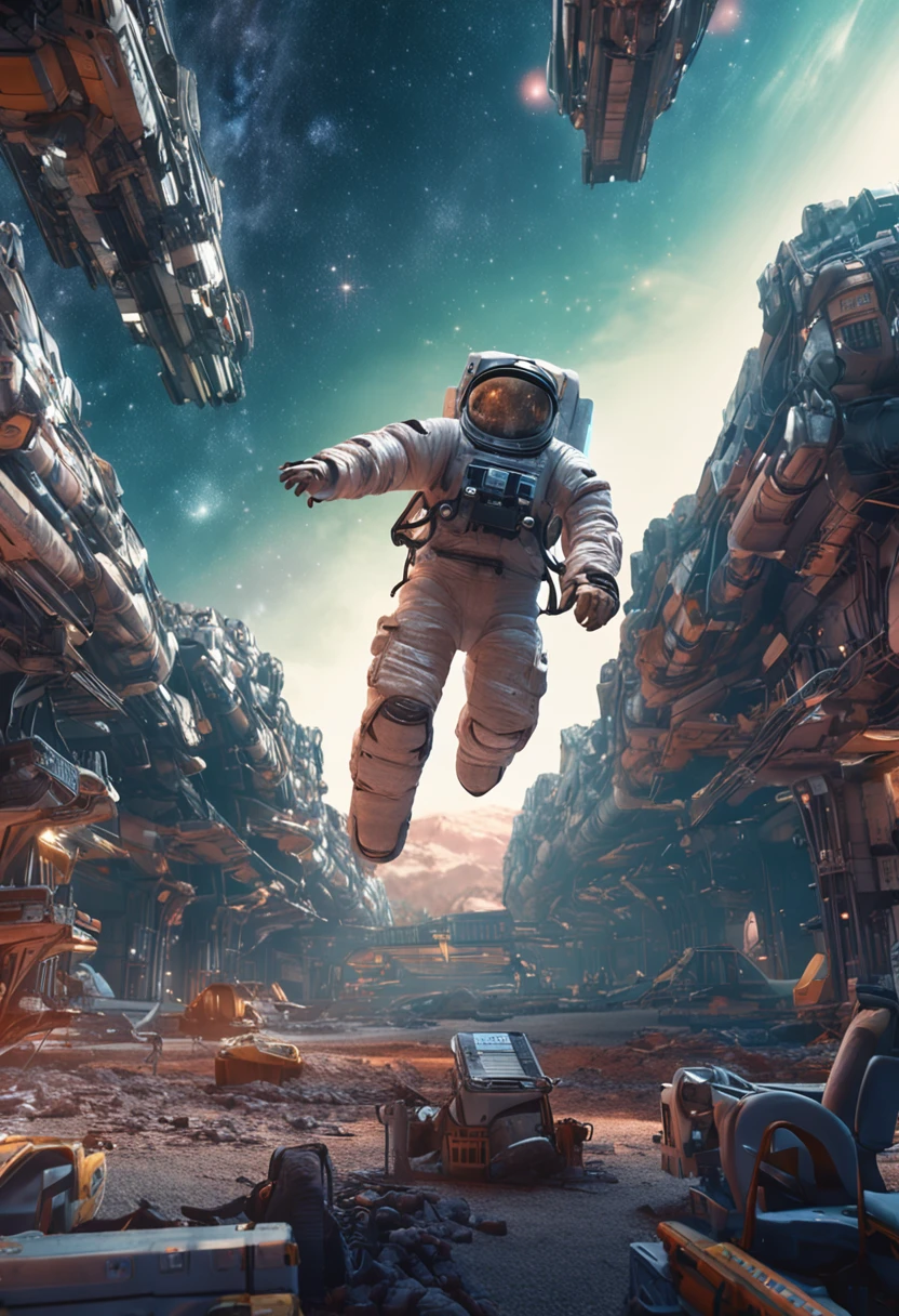Starry Sky Station has a wide field of view of 2350，There are a lot of realistic photos，The background is clean and meticulous, Laborers in spacesuits are guarded and supervised by robotic cyborgs (armed)