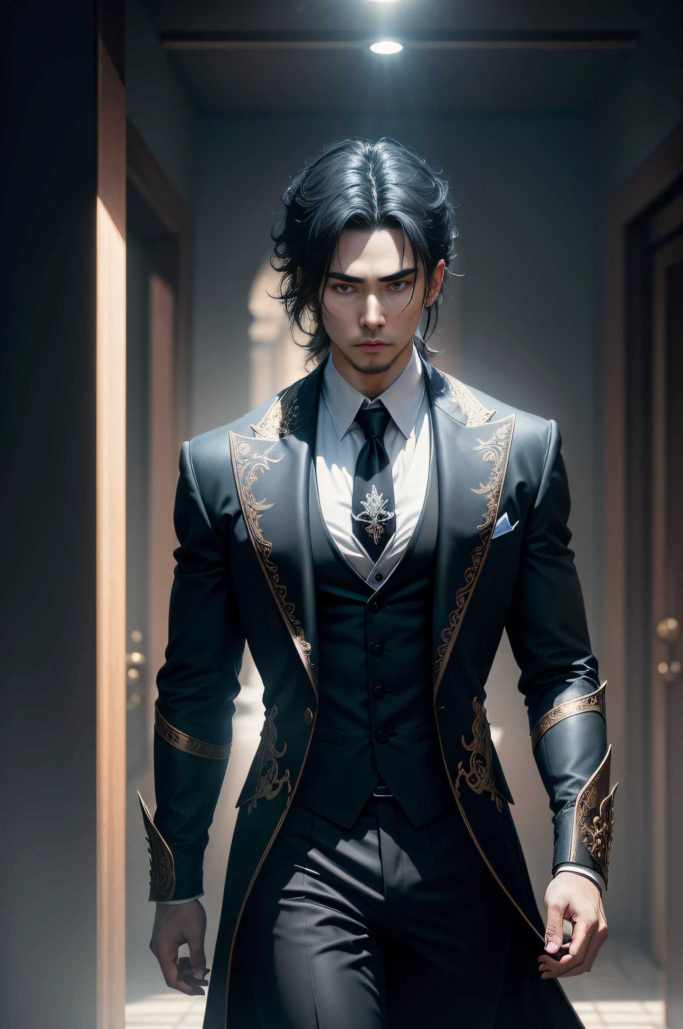 Full body magician facing camera,Presented in the most realistic digitally painted portrait。Suddenly enter the mysterious dark universe,The gorgeous black magic cloth is revealed in intricate details。An image of a male walking forward in motion,Slow motion captures his detailed gaze。The background presents abstract elements,The game concept as well as the influence of the Elden ring style,The mystery in the arcane style plays a certain role。The shallowness of the depth of field emphasizes the layering of the picture,Volumetric illumination and global illumination are perfectly rendered。
