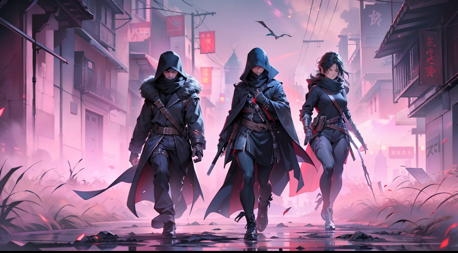 "1 male assassin and 2 female, exuding an aura of mystery and danger. Capture their intense expressions and stealthy movements." (Ultra high definition), (Sony A7R V), (background blured), (8K UHD).