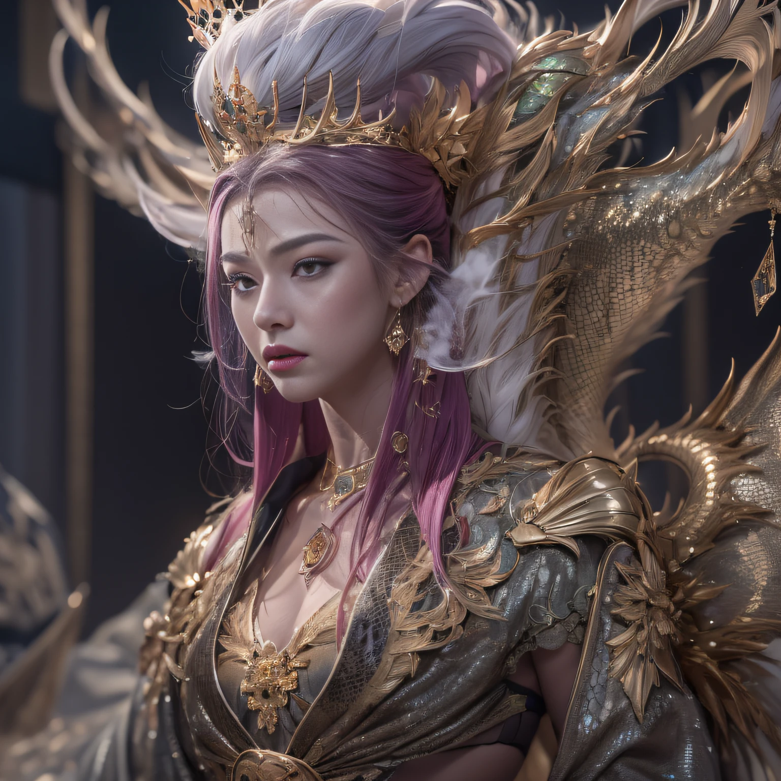 16k(tmasterpiece,k hd,hyper HD,16k)short detailed hair,Gold jewelry area in the back room,Smoke ring girl ,Bronze Dragon Protector (realisticlying:1.4),Python pattern robe,Purple-pink tiara,Snowflakes fluttering,The background is pure,Hold your head high,Be proud,The nostrils look at people, A high resolution, the detail, RAW photogr, Sharp Re, Nikon D850 Film Stock Photo by Jefferies Lee 4 Kodak Portra 400 Camera F1.6 shots, Rich colors, ultra-realistic vivid textures, Dramatic lighting, Unreal Engine Art Station Trend, cinestir 800,Hold your head high,Be proud,The nostrils look at people