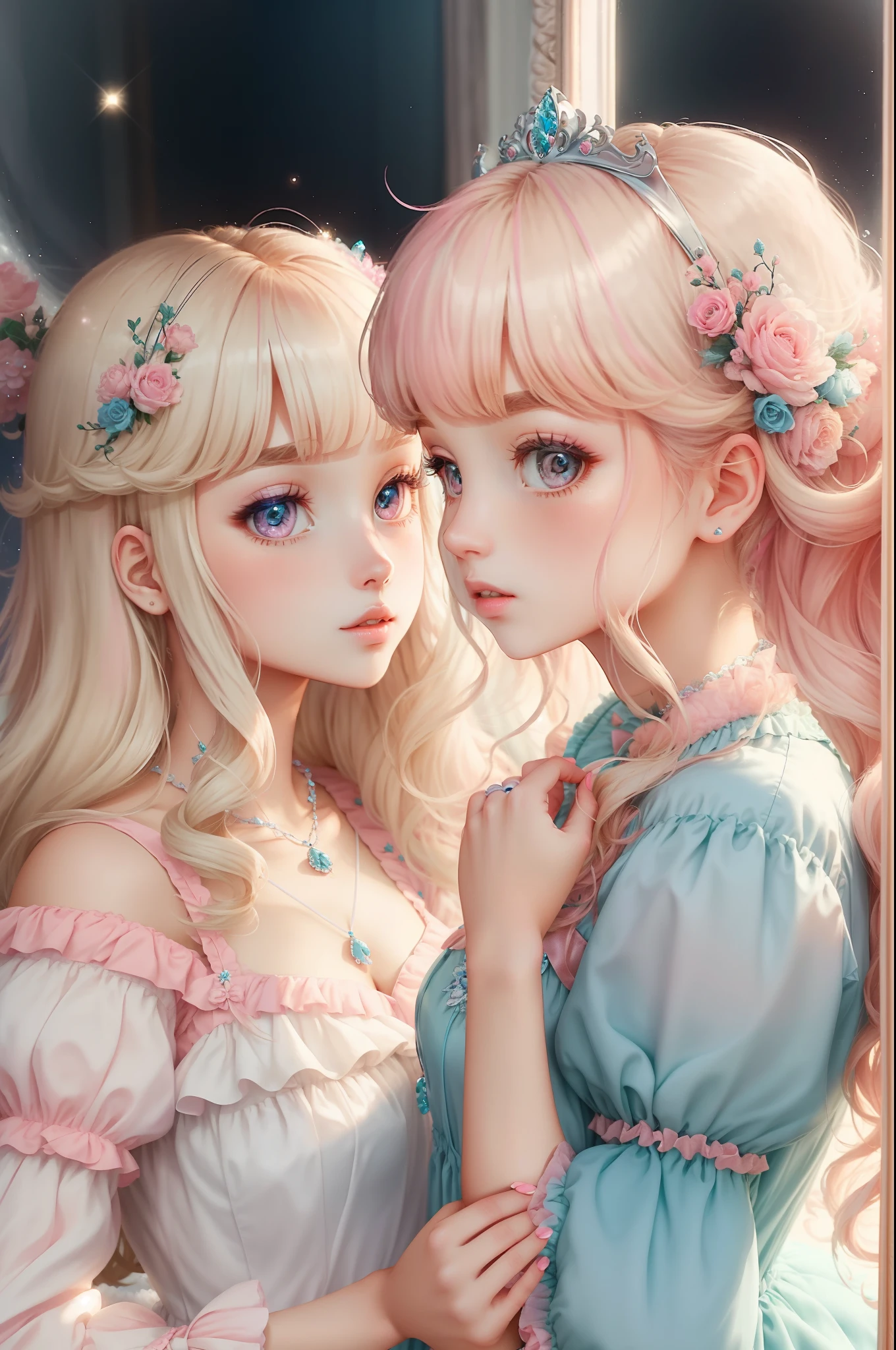 Princess A Princess Soft Good style best quality(Highest Quality) , High quality(hiquality) Pink and fluffy dress blonde and soft hair corolla Half-up The whole body is reflected A wonderful atmosphere with very delicate tones