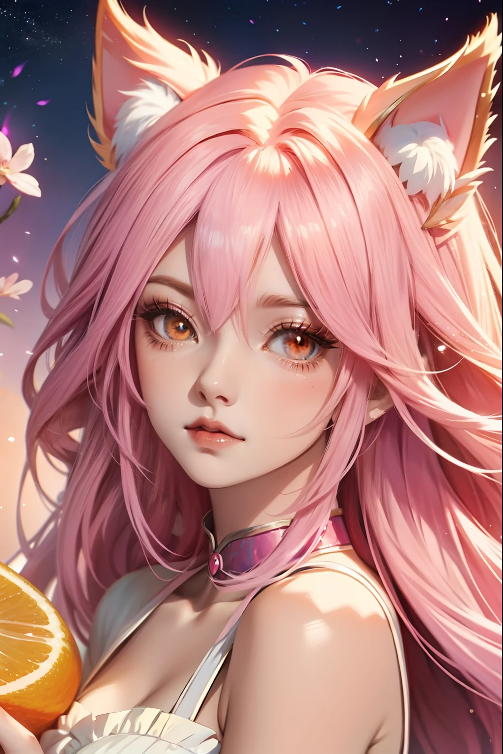 Anime girl pink hair , Beautiful character painting, , Stunning anime face portrait with cat ears, orange eyes, uma linda princesa