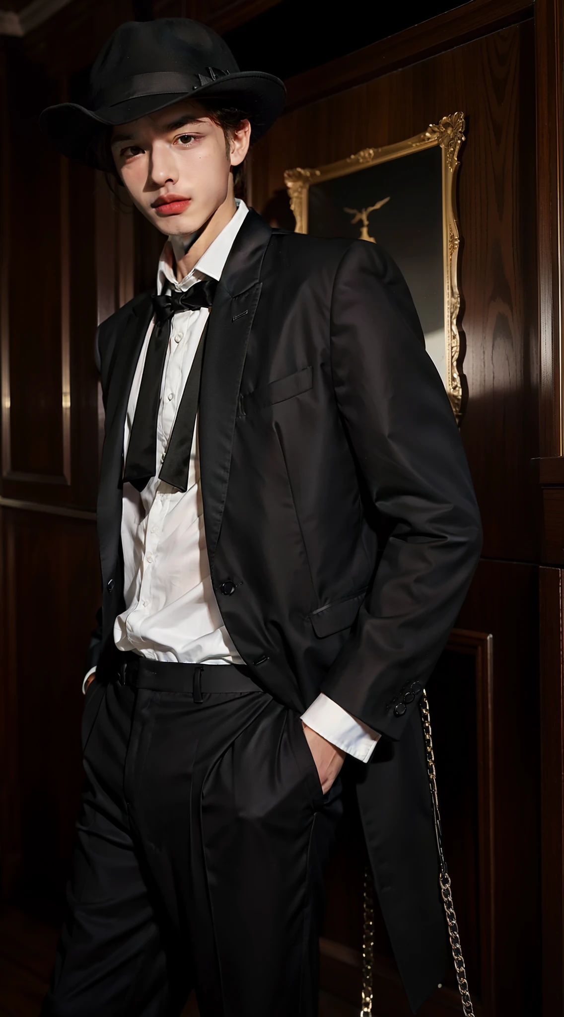 1 boy, black pants, black blazer, white long sleeve shirt, black tie, panama hat, suit chain, cute, teen, charismatic, cold, elegant, background mansion