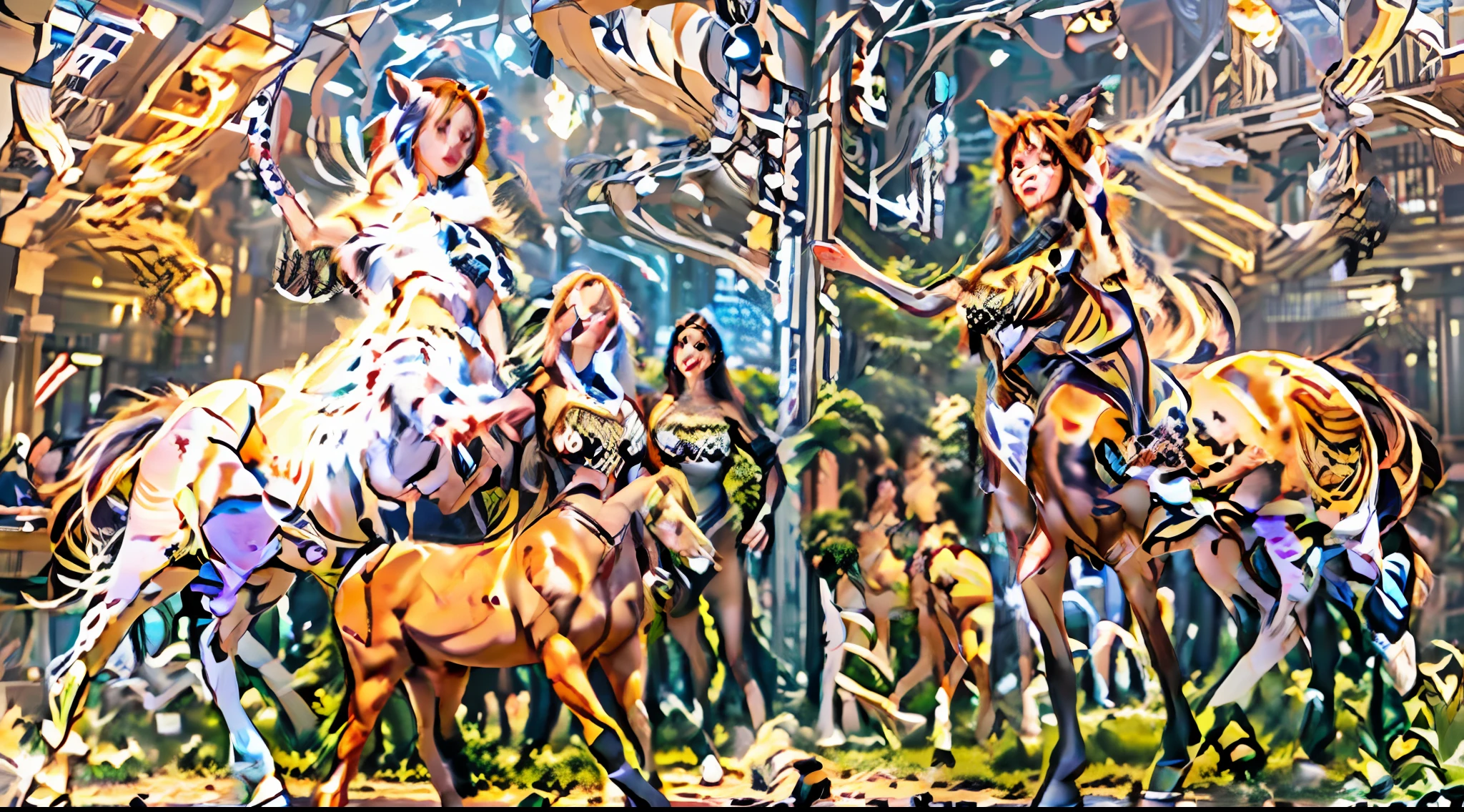 In this beautiful illustration，Eight unique female centaur characters are shown，They all have their own characteristics，Vivid and interesting。Radiant angelic centaurs from the heavenly realm，To the hellish centaurs surrounded by nightmarish flames，And then to the Wind Immortal Centaur dancing in the air，Unicorn centaur surrounded by lightning，Mechanical centaur in mechanical style，Dragon centaurs，Elf centaurs，Tiflin centaurs，Each character has their own unique charms and abilities。The illustration uses advanced artistic techniques and tools，Divide the scene into sections by geometric arrangement，Each section corresponds to a centaur character，This makes more efficient use of space。Through Midjourney's advanced brush tools、Color palette、Material packs and model packs，Exquisite costumes and equipment are designed for each centaur，Enhances the character's personality and visual appeal。The scenery in the illustrations is stunning，There are changing skies、rainbowing、extreme light、Stars and Moon。Incorporating iconic landmarks such as Mount Everest，and fireworks、tranquil lake、Natural and urban elements of waves and neon lights，Creates a magical atmosphere。The centaurs showed off their skills and equipment in a variety of environments，This is true even in extreme alien landscapes。Midjourney's tools make depicting details vivid and realistic，From intricate hairstyles and clothing to authentic textures，Enhances the realism of the characters and surroundings。The fusion of multiple art styles adds movement to the centaur's movement at all angles，The overall visual experience is further enriched。The final illustration was described as a "masterpiece"，It has the characteristics of "best quality" and "realistic"，The details put into the creative process are shown、Level of creativity and craftsmanship。Ultra-grand scenes，super wide shot， hdr，（真实感，Masterpiece quality，best qualtiy）