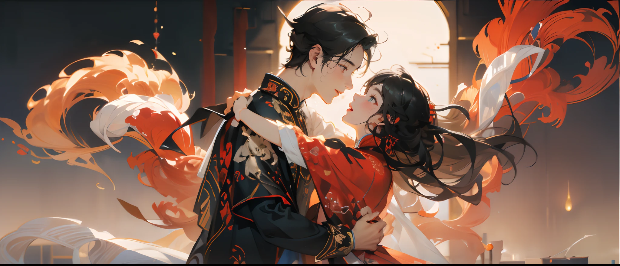 (Super detailed CG unity 8k personality wallpaper,Masterpiece level,Best picture quality),Delicate facial features,beautidful eyes,a young man and a woman,couple,is dancing,Pleasure,gleeful,Love,Heart shape,magpie,Chinese costumes,China-style,meticuloso,Super meticulous,hyper HD,