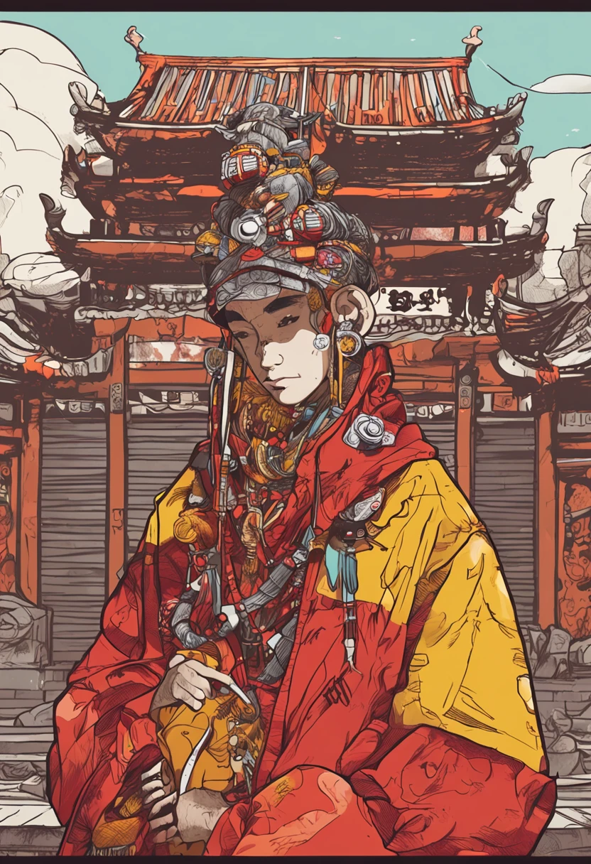 Monkey King , the character of China ' s Journey to the West , Rebecca Doodle ' s cartoon illustration , wearing a red and yellow outerwear , glaring at the front , the style is garbage beauty , mixed patterns , text and emoticon devices , charming figure illustrations , fashion Technology --ar 3:4 --niji 5 --s 400