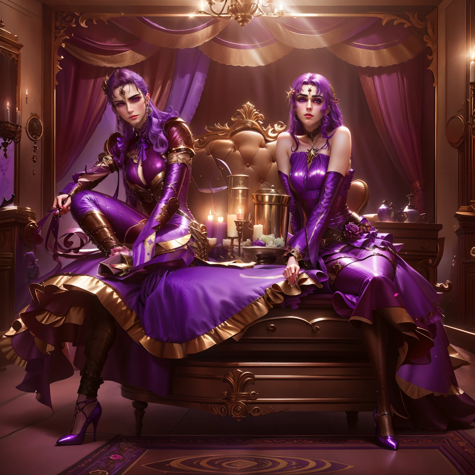 A purple satin dress and matching dresses are a must for a gothic wedding, fantasy photoshoot, Extremely gloomy purple lighting, Purple lighting. Fantasy, inspired by Gaston Bussière, Purple Leather Dungeon Bedroom, rococo cyberpunk, miss aniela, Futuristic royalty, hight resolution, Dramatic Light Fantasy, Purple volumetric lighting, Gaston Bussière and Artgerm, Dark gloomy purple lighting