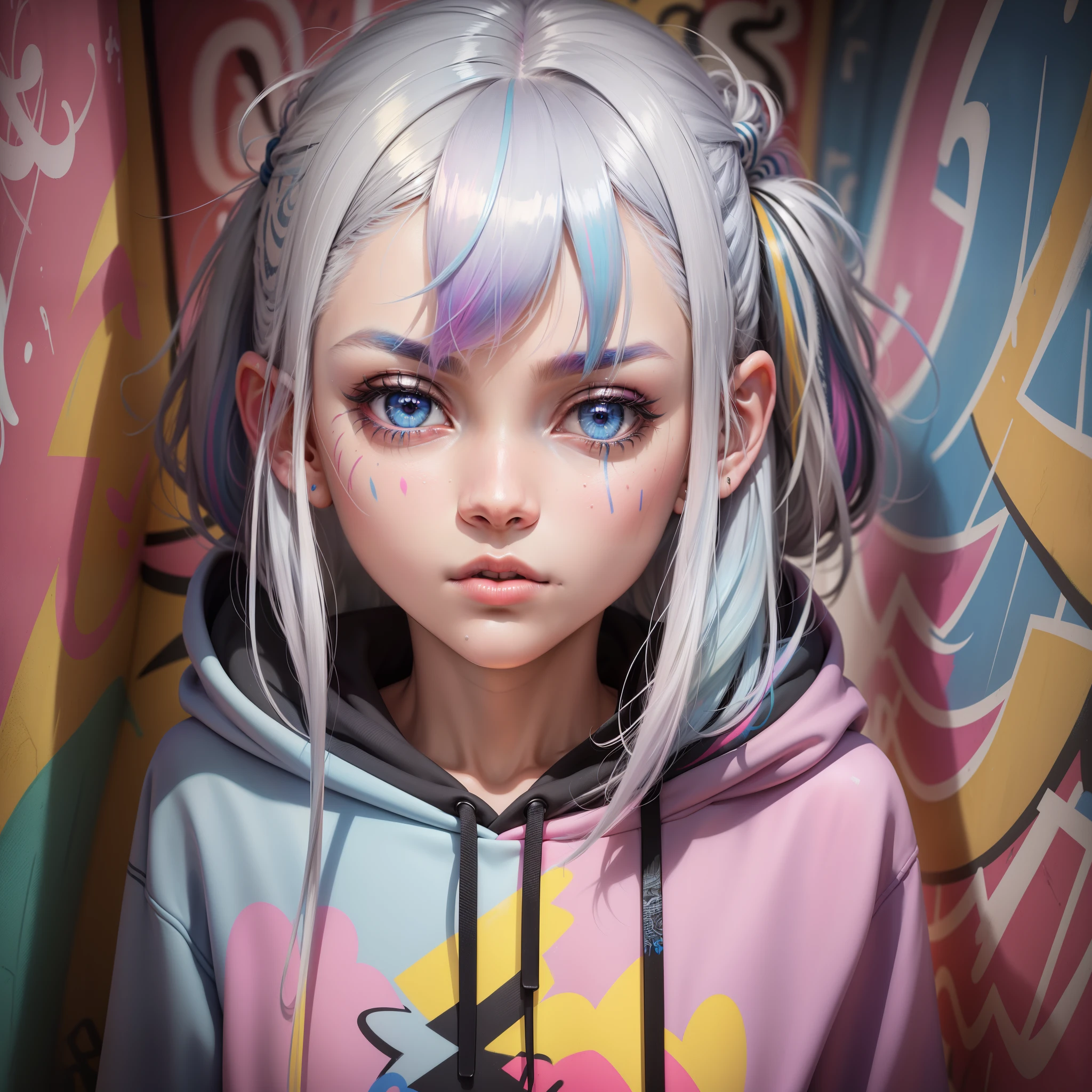 masterpiece, high quality, highres, absurdres, ultra-detailed, 8k, 1girl, platinum grey hair, blue hair, multicolored hair, gradient hair, looking at viewer, colorful eyes, colorful hoodie, (graffiti murals wall background:1.15), brilliant colorful paintings, bloom, portrait, cross hair ornament, chewing gum, (close-up:1.2), from above