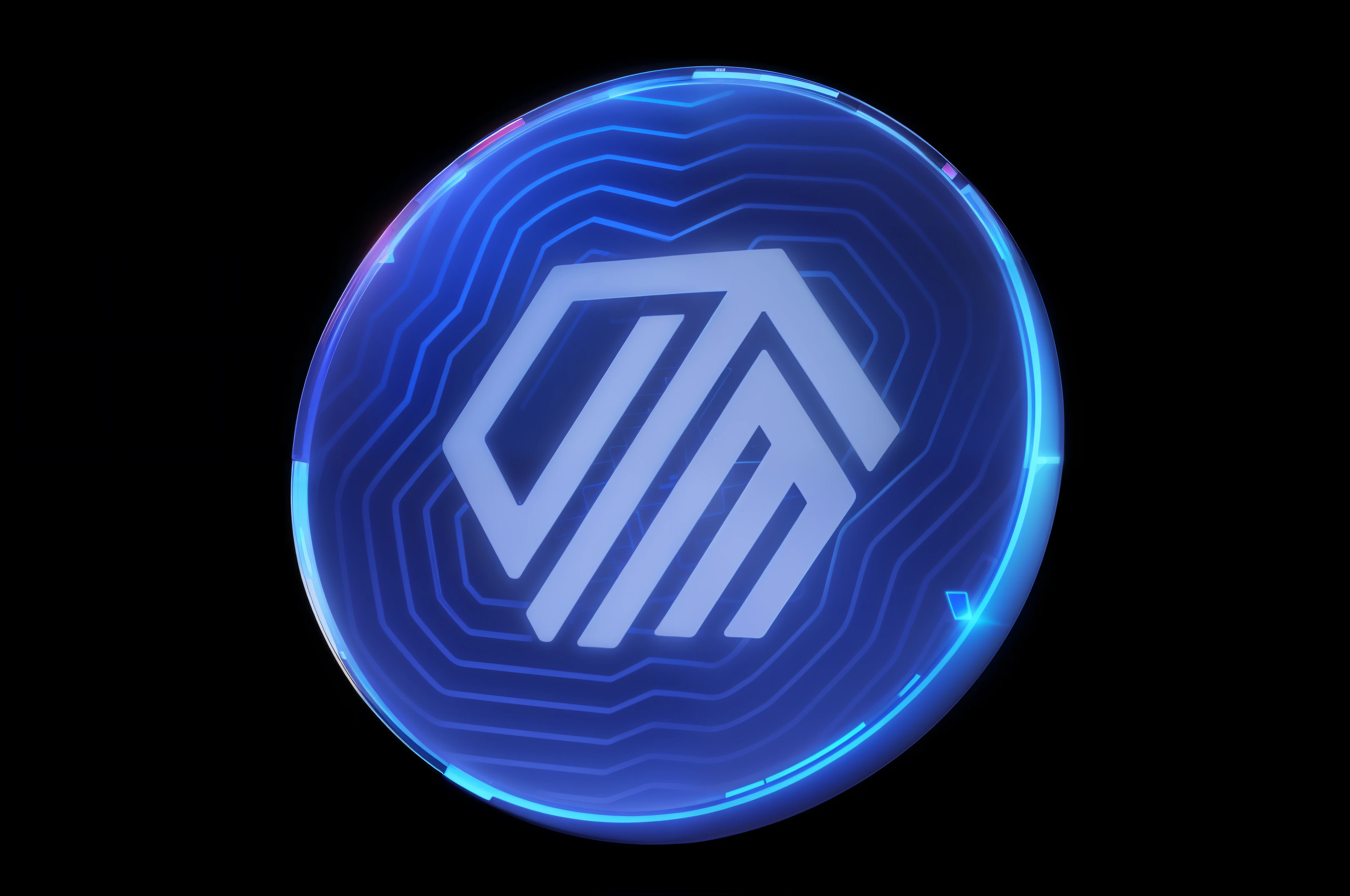 Blue round logo, blue circular hologram, Logo on the screen, translucent sss xray, neonlight, ((Depicted as stereoscopic graphics rendering)), dark blue neon light, blue neon lights