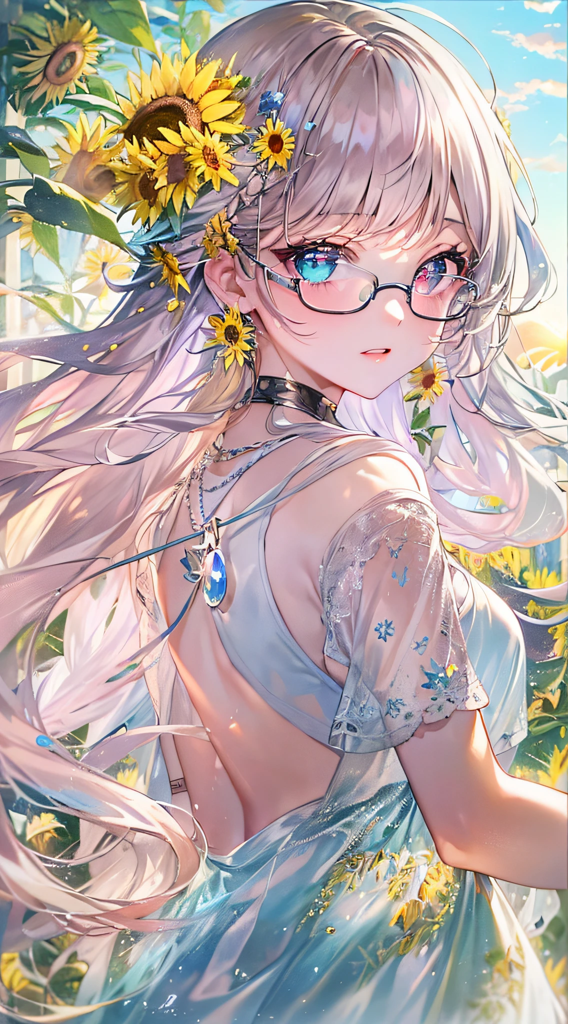 ((masterpiece、top-quality、Watercolor art(Pendants)、Official art、Beautifully Aesthetic:1.2))、(1girl in:1.3)、(Fractal Art:1.3)、full body Esbian、((Glitter pupils))、patterns、((rainbow-colored hair、colourful hair、Half blue and half pink hair:1.2))、colourfull、(Silver-rimmed glasses)、Writing、heterochromia iridis、(colourfull:1.5)、((Shy face))、one piece dress、(Standing)、(Hyper-detailing), ((delicate detail)), (intricate detailes), ((ciinematic light, best quality backlight)), highcontrast, ((The best lighting, extremely delicate and beautiful)), ((ciinematic light))、(ray trace reflection、brilliance)、((glowing aura))、((Radiant hair))、((The ultra-detailliert))、((8K))、(Background with:Sunset and sunflower field:1.5)、(evening:2),(Background with:Evening glow:1.5)