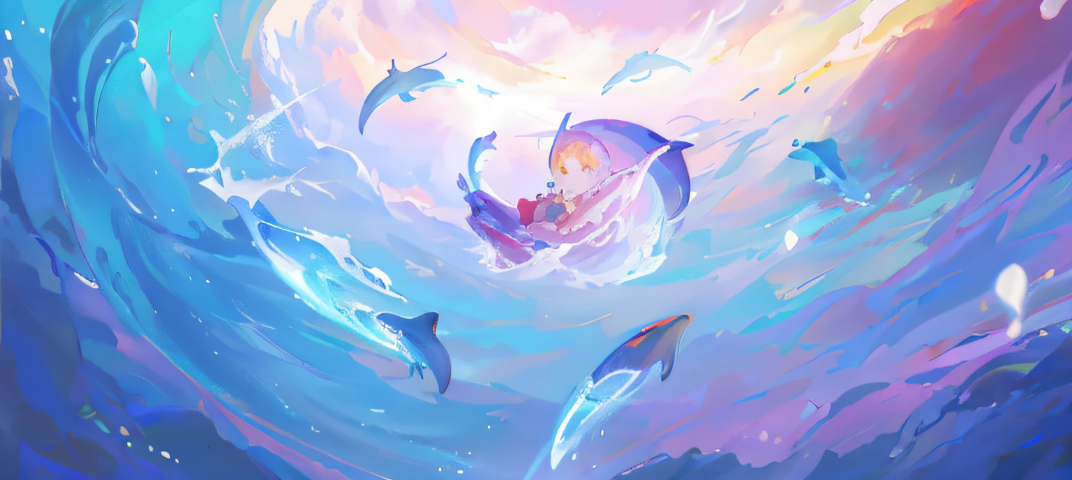 There is a woman in the ocean surrounded by dolphins, sky whales, flying whale, Makoto Shinkai Cyril Rolando, Inspired by Cyril Rolando, Anime art wallpaper 8 K, 4 k hd illustrative wallpaper, A beautiful artwork illustration, Anime art wallpaper 4k, Anime art wallpaper 4 K, 4 k hd wallpaper illustration，8K, RAW photo, Best quality, Masterpiece:1.4))), 超高分辨率, Ultra-detailed, illustration，octane，Makoto Shinkai painting style