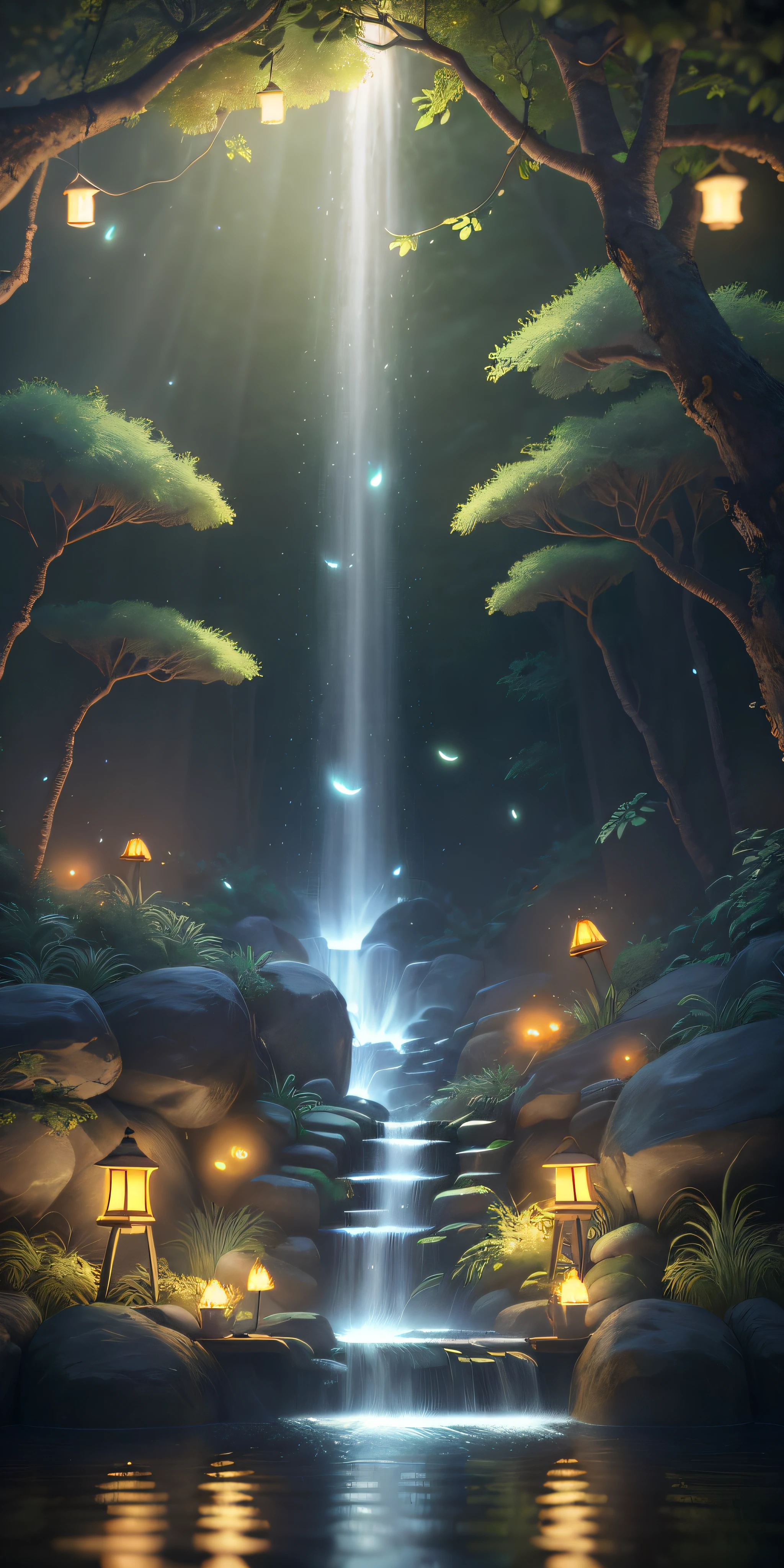 Masterpiece, best quality, (very detailed CG unity 8k wallpaper), (best quality), (best illustration), (best shadows), glow sprite, with a glowing table massage, in the swimming pool Drinking water, natural elements in the forest theme. Mysterious forest, beautiful forest, nature, surrounded by flowers, delicate leaves and branches surrounded by fireflies (natural elements), (jungle theme), (leaves), (twigs), (fireflies), (particle effects) etc. 3D , Octane rendering, ray tracing, super detailed --v6