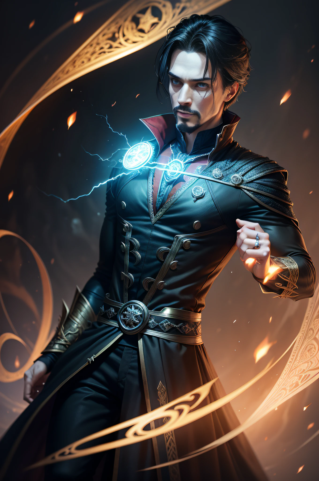 fully body photo, facing camera, gotik((Male magician))Realistic digital painting portrait, Magical deep black universe, Male magic cloth，Black is carved in intricate details, sport, Walking forward, Slow motion, Very detailed eyes, (abstract backgrounds:1.2), (game concept:1.3), (Elden ring style:1.3), (Arcane style:0.8), (Depth of field:1.3), voluminetric lighting, Global illumination, References to the style of Doctor Strange