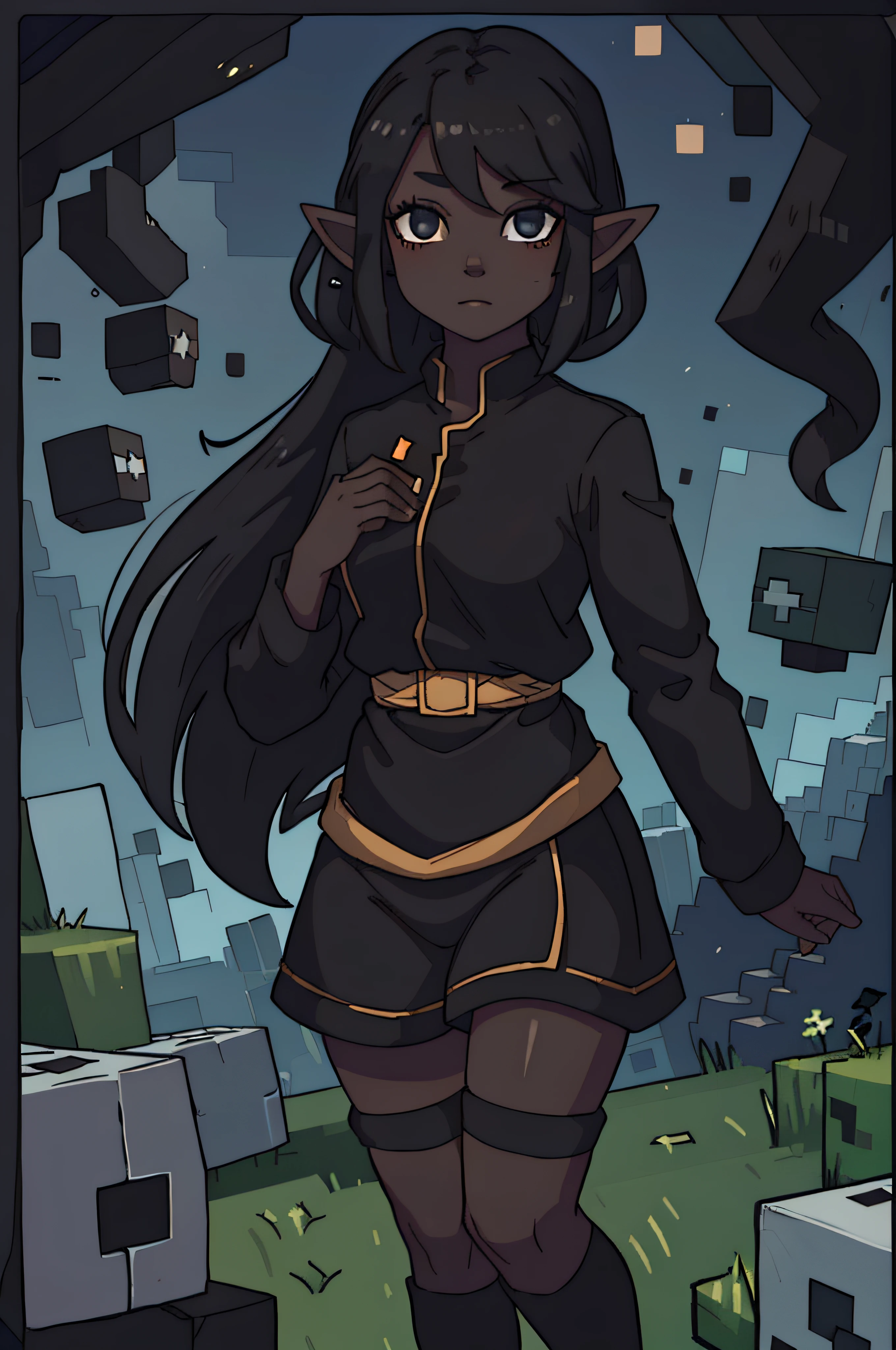 Girl in minecraft-style clothes with hiprock texture, 8K, hiquality, beautiody, incredibly. black hair, The eyes are black, ((Clothes with a thigh texture from Minecraft )) ( Against the background of Minecraft ) (((elf))) ((((Black skin color))))