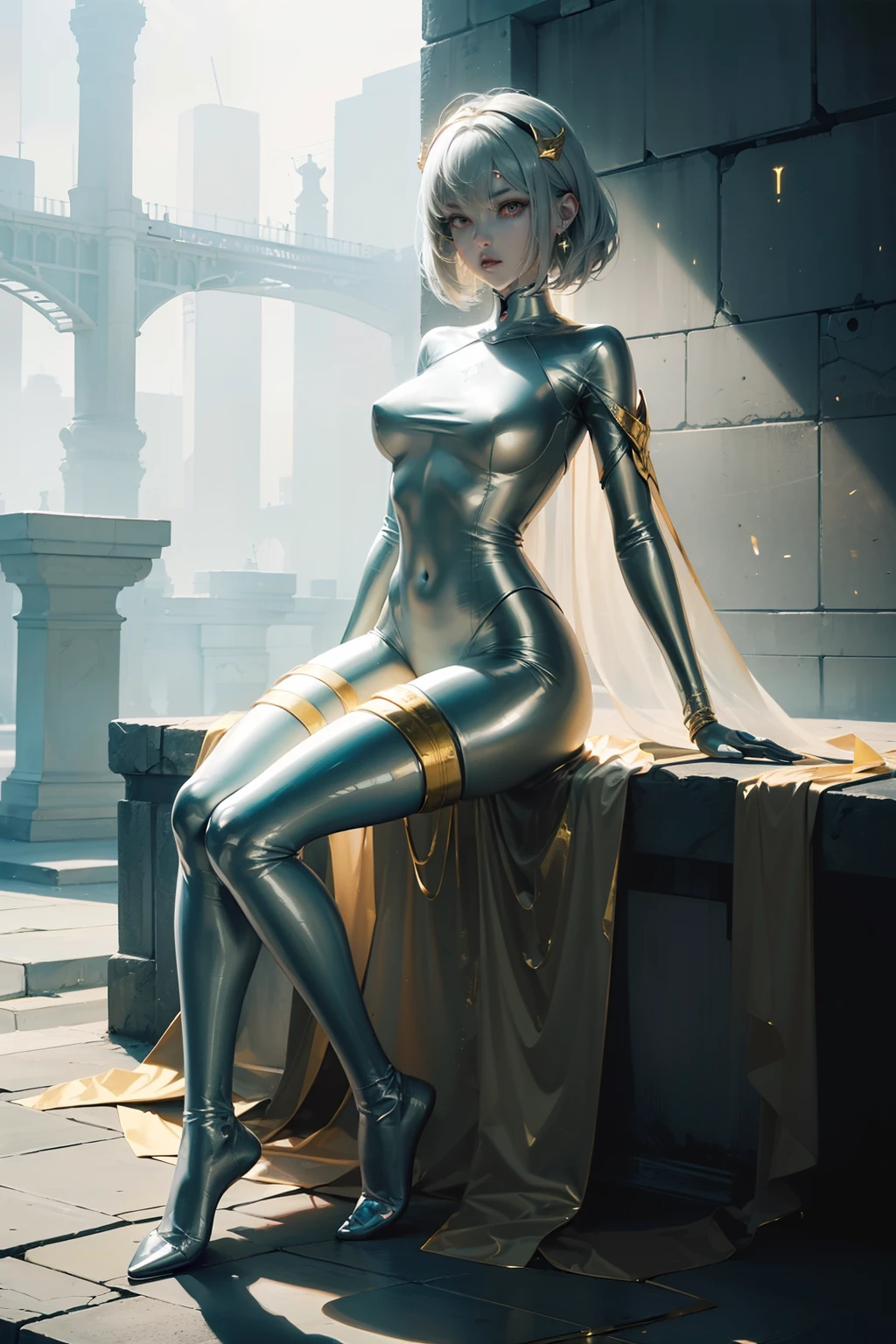 (full body:2),(1girl:1.3),(view the viewer:1.4),(anatomy correct:1.5),(Sitting by the creek,:1.35),(Polished zentai made of gold:1.5),(uniform shoes :1.1),(A woman with large buttocks, breasts, and a slender waist:1.4),(Light particle effect:1.3),(In pink | amarelo | blue colors| green color |red color | white colors| black in color| purplish color| greys| Beige| Flesh color 1.4),(Glowing eyes:1.3),(Large amplitude action: 1.3),(Accurate and perfect face:1.4),hyper HD, Ray traching, reflective light,structurally correct, Award-Awarded, high detail, lighten shade contrast, Face lighting ,cinmatic lighting, masterpiece, super detailing, high quality, high detail, best quality, 16k,High contrast,