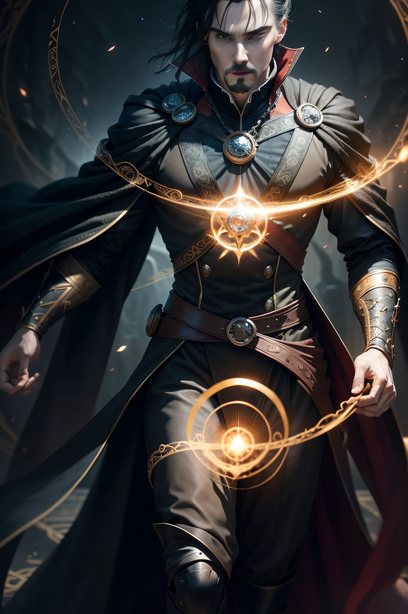 fully body photo, facing camera, gotik((Male magician))Realistic digital painting portrait, Magical deep black universe, Male magic cloth，Black is carved in intricate details, sport, Walking forward, Slow motion, Very detailed eyes, (abstract backgrounds:1.2), (game concept:1.3), (Elden ring style:1.3), (Arcane style:0.8), (Depth of field:1.3), voluminetric lighting, Global illumination, References to the style of Doctor Strange