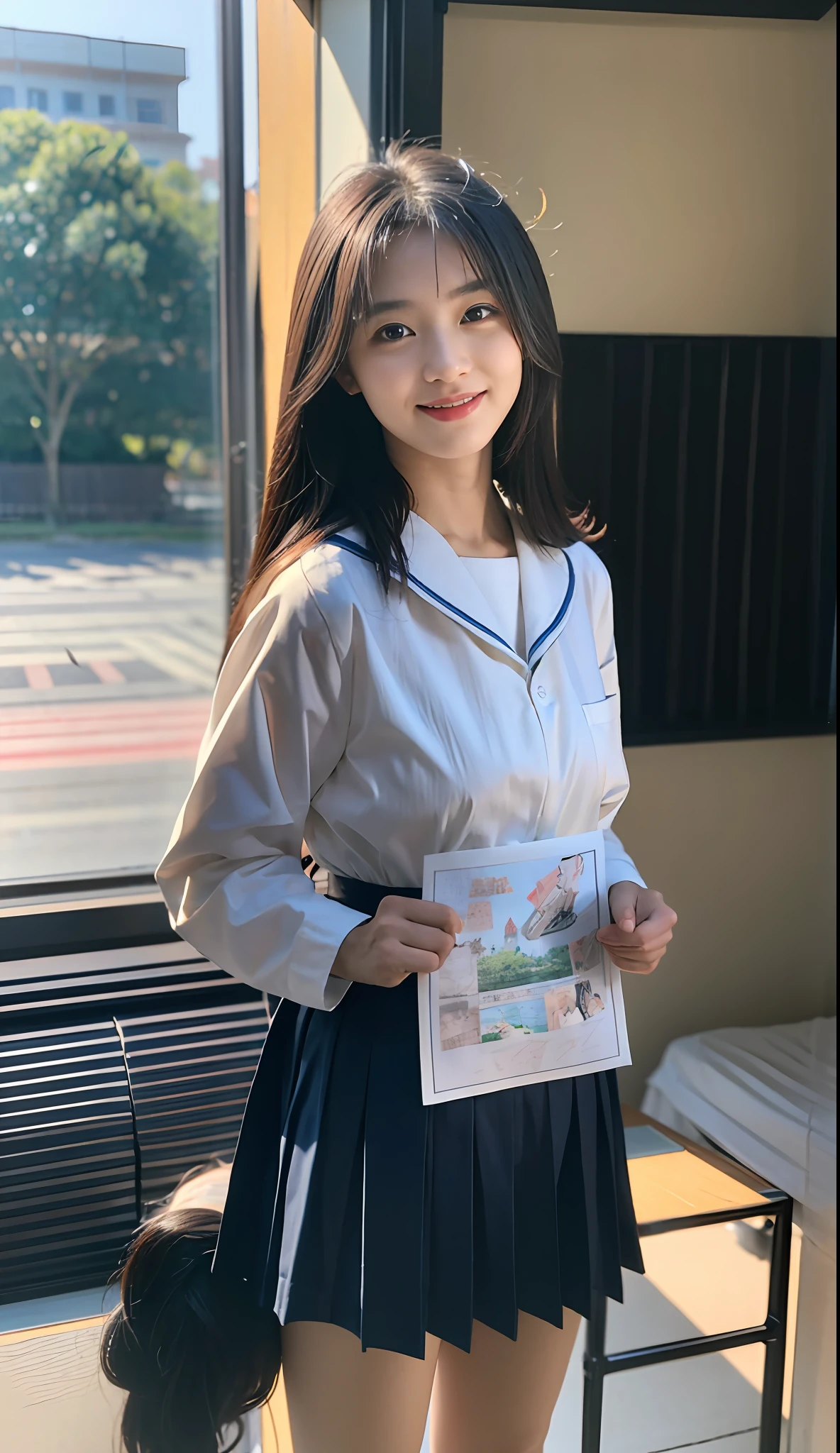 looking at viewert,(独奏:1.3),Background bokeh,(largeaperture:1.2),RAW photos,Original, Extremely detailed 8K, the wallpaper, illustratio, ultra - detailed, Perfect body, Detailed eyes, beuaty girl,In the classroom,sittinng on the desk,a sailor suit,Superskirt, posed for photo,tmasterpiece, best qualtiy,(Photorealsitic:1.4),a narrow waist,light smile,