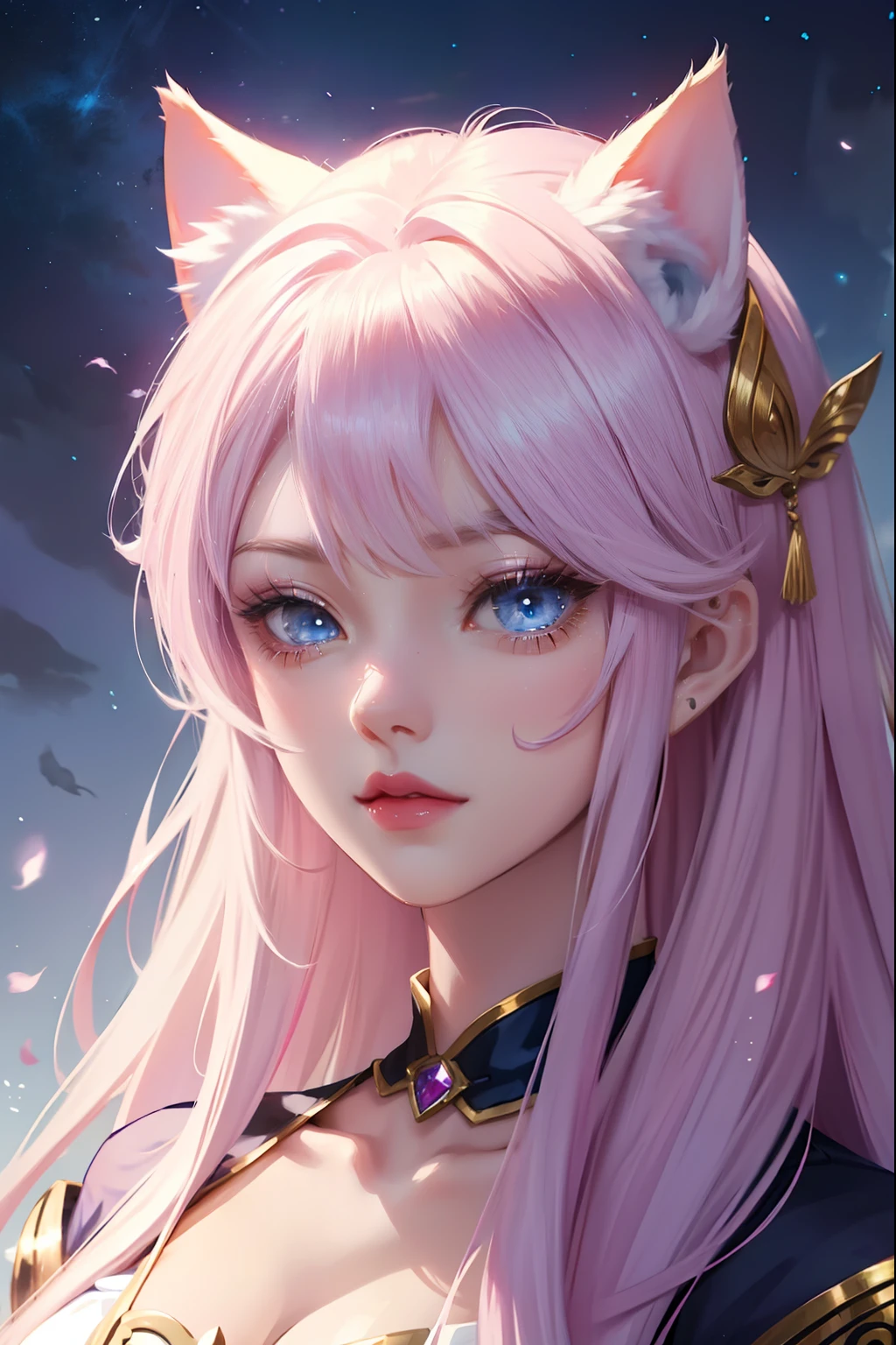 Anime girl fan hair , Beautiful character painting, , Stunning anime face portrait with cat ears Blue eyes Beautiful princess