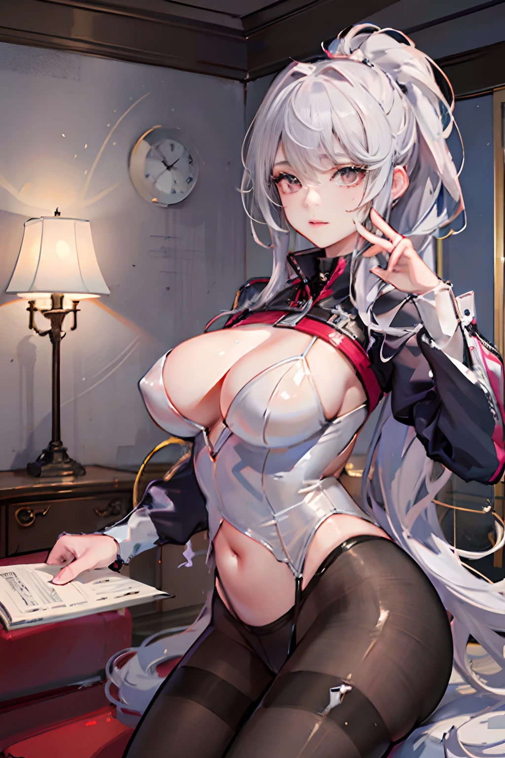 1个Giant Breast Girl!Ray traching,best shadow,A high resolution(dim murky lights)detailedbackground(liveroom)Fluffy silver hair,plump and slender girl,With a high ponytail, avoid golden eyes in the ominous living room(Girl wears a transparent shirt,transparent panty,Wear yours with white sheer pantyhose),It shows a delicate and slender figure and beautiful curves,Limbs with correct and reasonable position!hand behind head,Stand dignified,detail in face!Delicate facial features,Pay attention to the details of the position of the legs!Pay attention to hand details!high high quality!More eligible!Reduce errors!Painting is more elaborate,Ultra-detailed CG,The picture is more reasonable!Pay attention to finger details!8k wallpaper,tmasterpiece,Double pupil details!Reduce binocular differences!Limit the number of fingers!