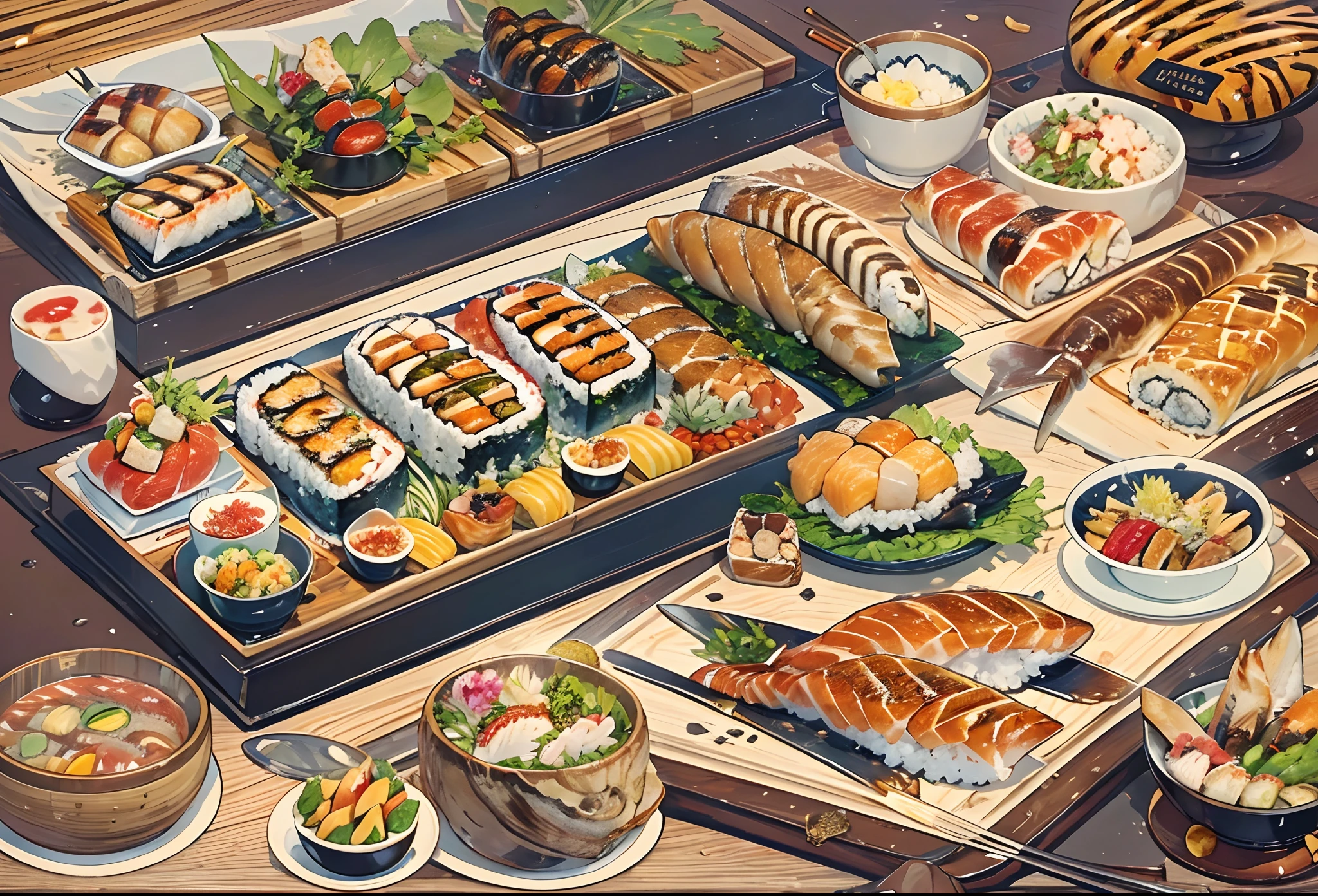 tmasterpiece,best qualtiy,illustration,complexdetails,Dishes Japan Ichidai,Foie gras,salmon,Grilled live eel,sushi,Large volumes,Warship sushi,Superb sushi,Saury