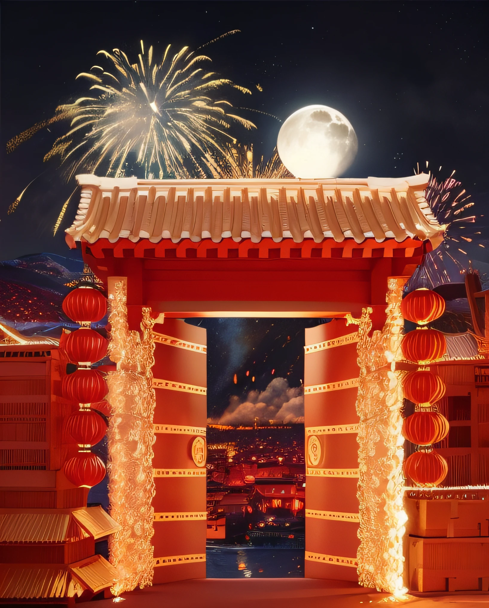 themoon,fire works,best qualtiy,8K,tmasterpiece:1.3