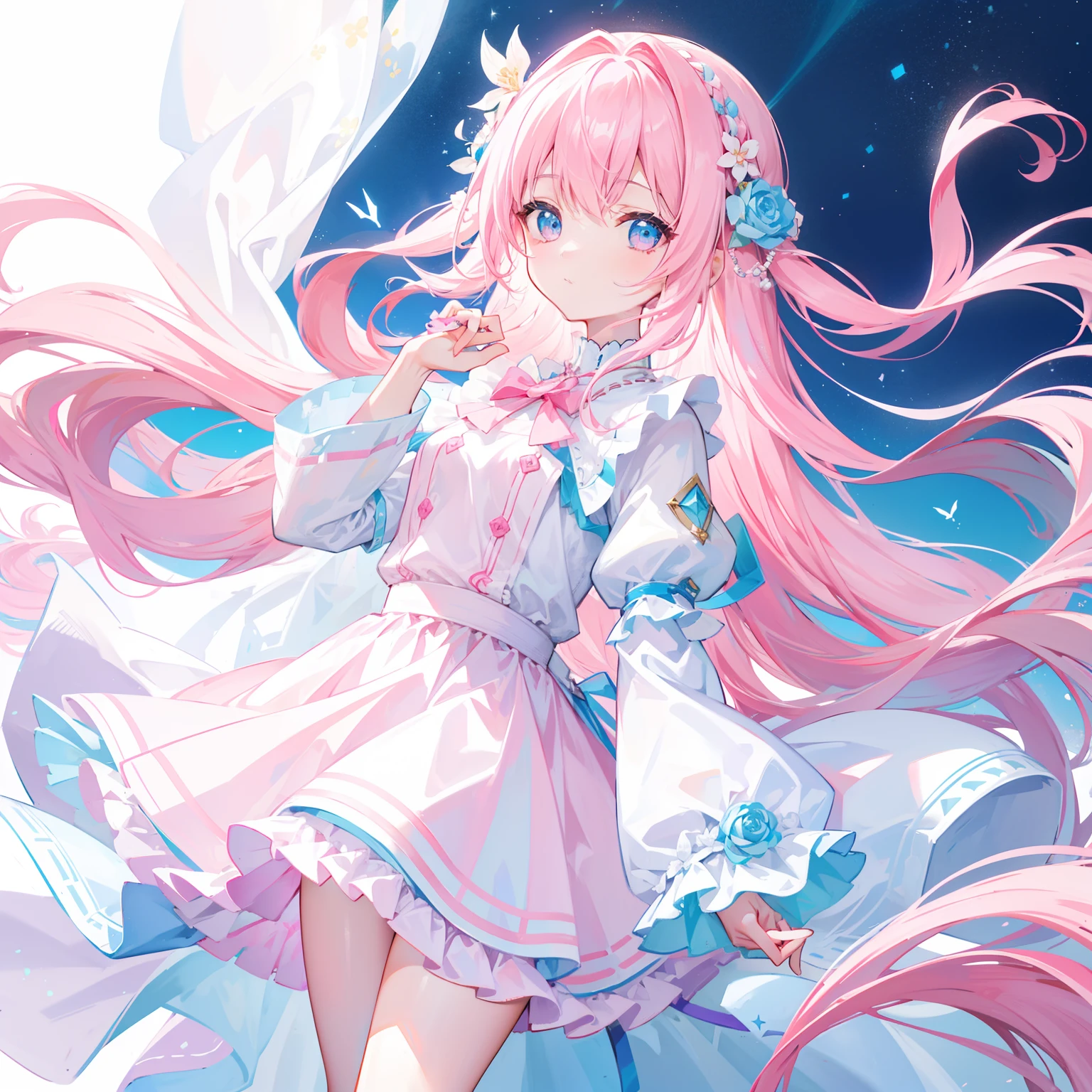 Long hair that matches light pink with white，Blue, white and pink clothes，She is a cute and cute girl，A transfer sister，It looks very light and gentle