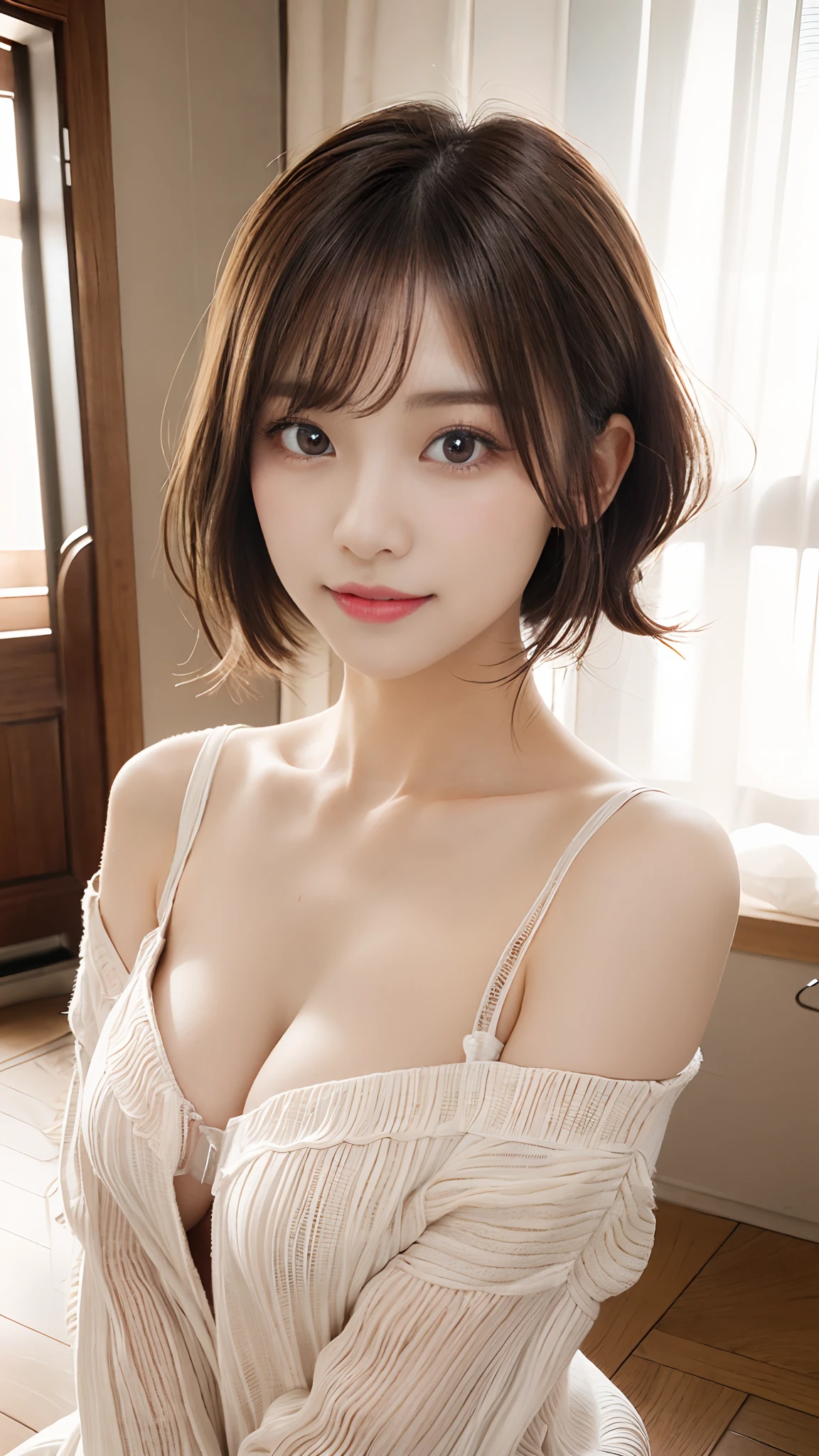 arafed asian woman with a very large breast posing for a picture, With short hair, Realistic Young Gravure Idol, (((beautiful countenance))),(((big eye))),(((Beautiful eyes))),(((long lashes))),((Beautiful teeth alignment)),Beautiful Asian Girl, gorgeous chinese model, lovely delicate face, goddess of Japan, with cute doting eyes, short brown hair and large eyes, Seductive Anime Girl, Hyper realistic anime, Young Sensual Gravure Idol, Realistic sensual gravure idol,(((huge tit))),