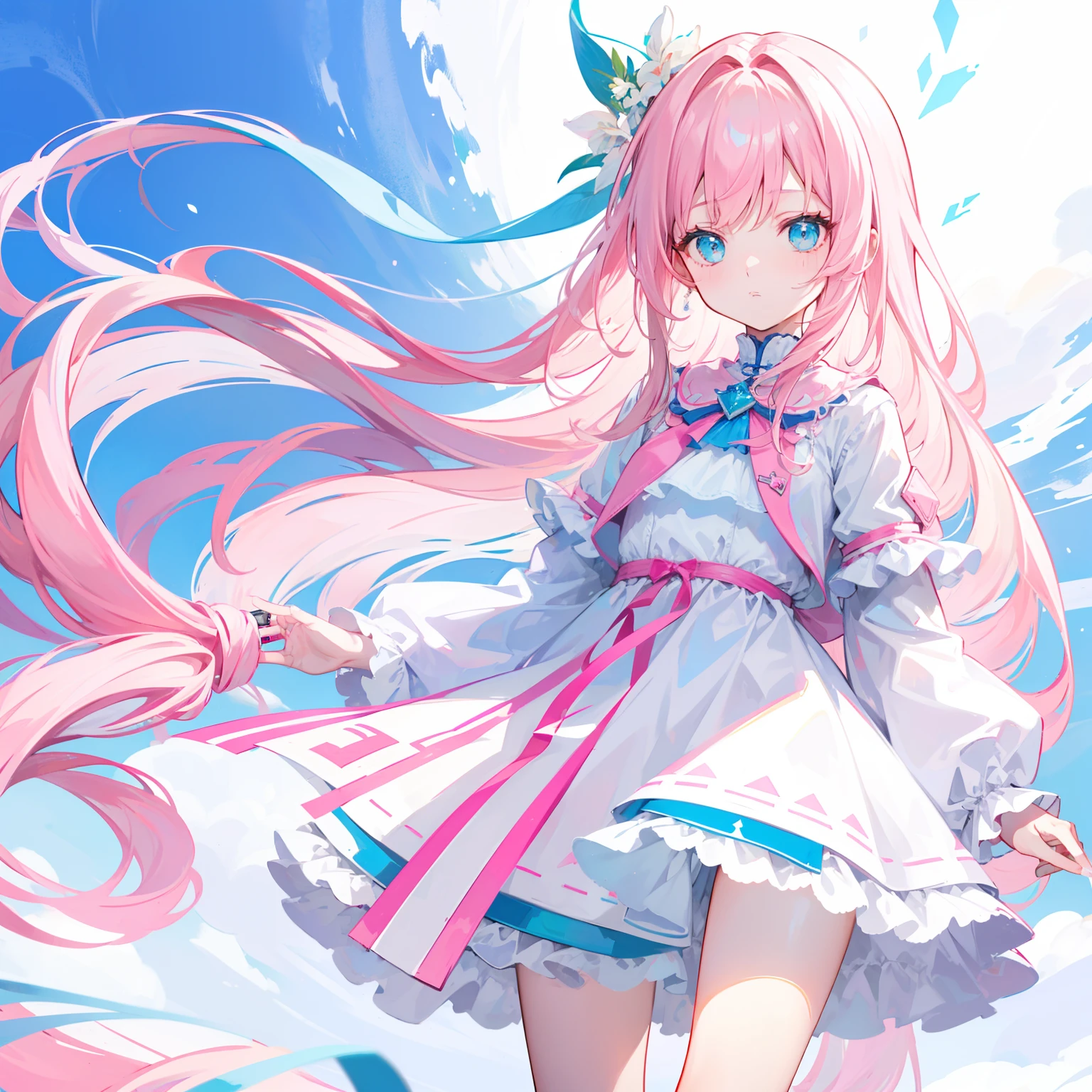 Long hair with light pink and white，Blue, White and pink clothes，She is a cute and cute girl，Soft Girl，It looks very light and gentle