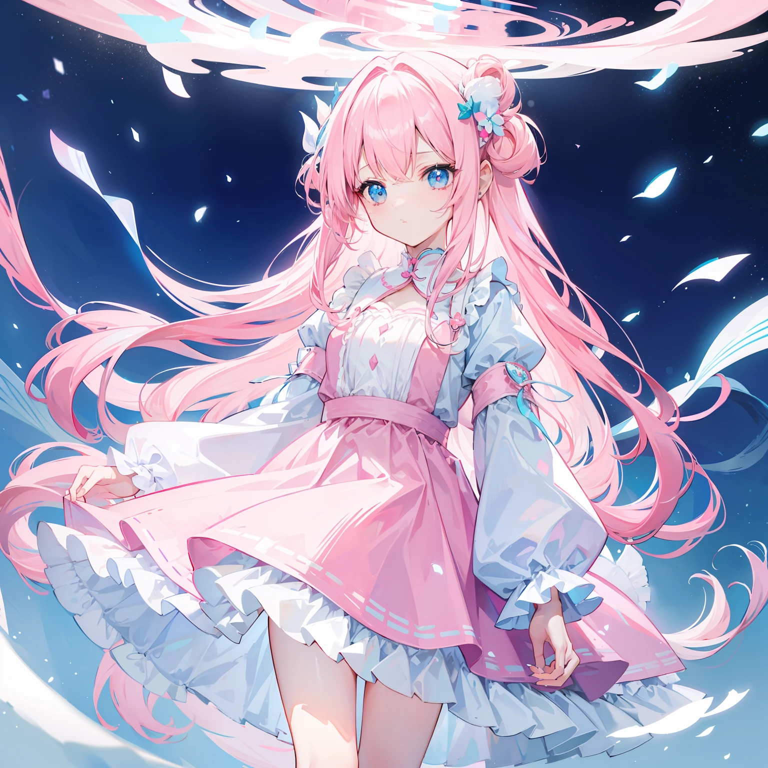 Long hair with light pink and white,Blue, White and pink clothes,She is a cute and cute girl,Soft Girl,It looks very light and gentle
