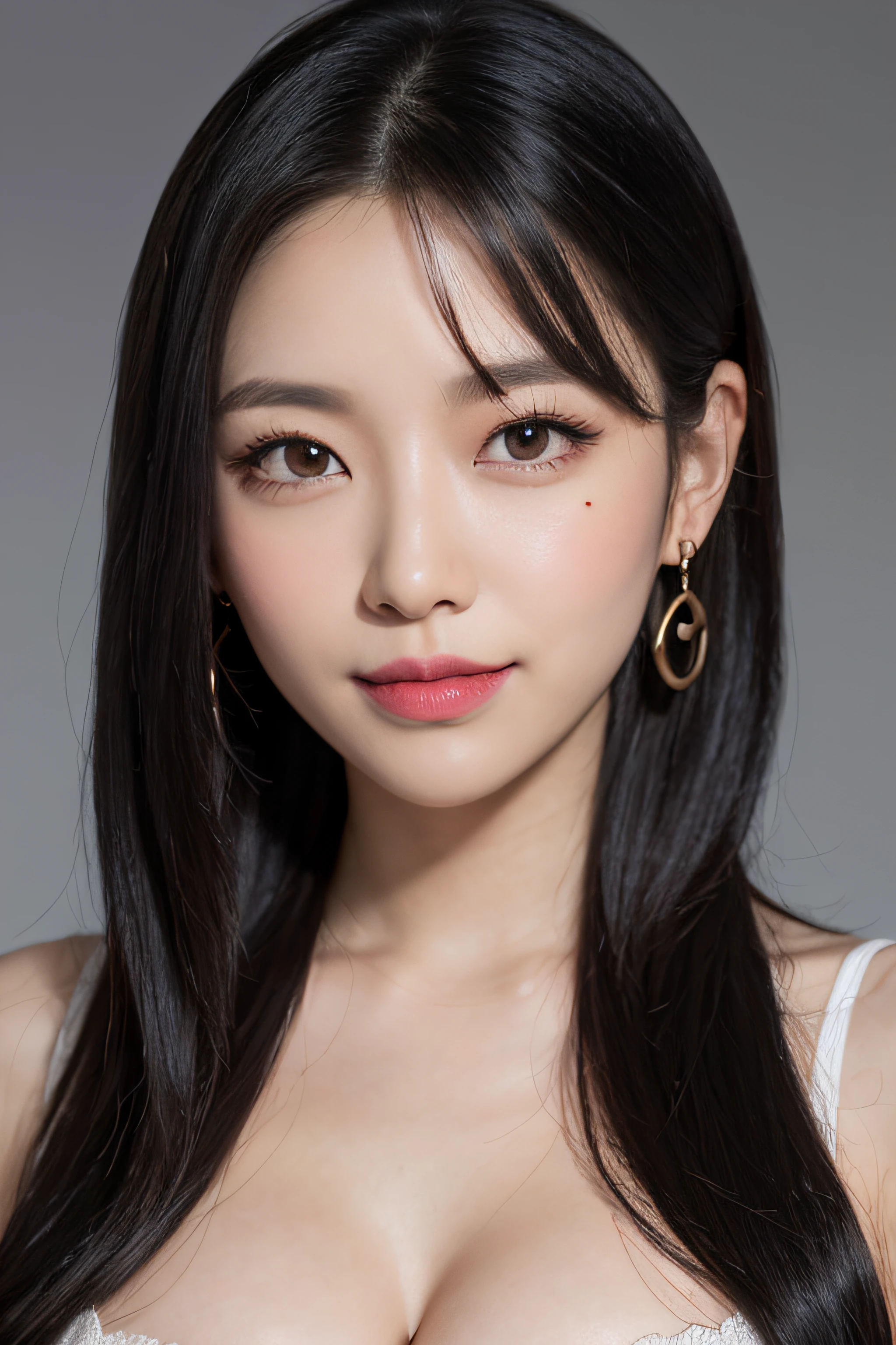 black hair, hair bobbles, longeyelashes, solid circle eyes, light smile, mole under eye, heart earrings, light smile, shy, puckered lips, Surrealism, drop shadow, stereogram, pov, atmospheric perspective, depth of field, first-person view, f/1.8, 8k, super detail, ccurate, best quality, highres, best quality,full body