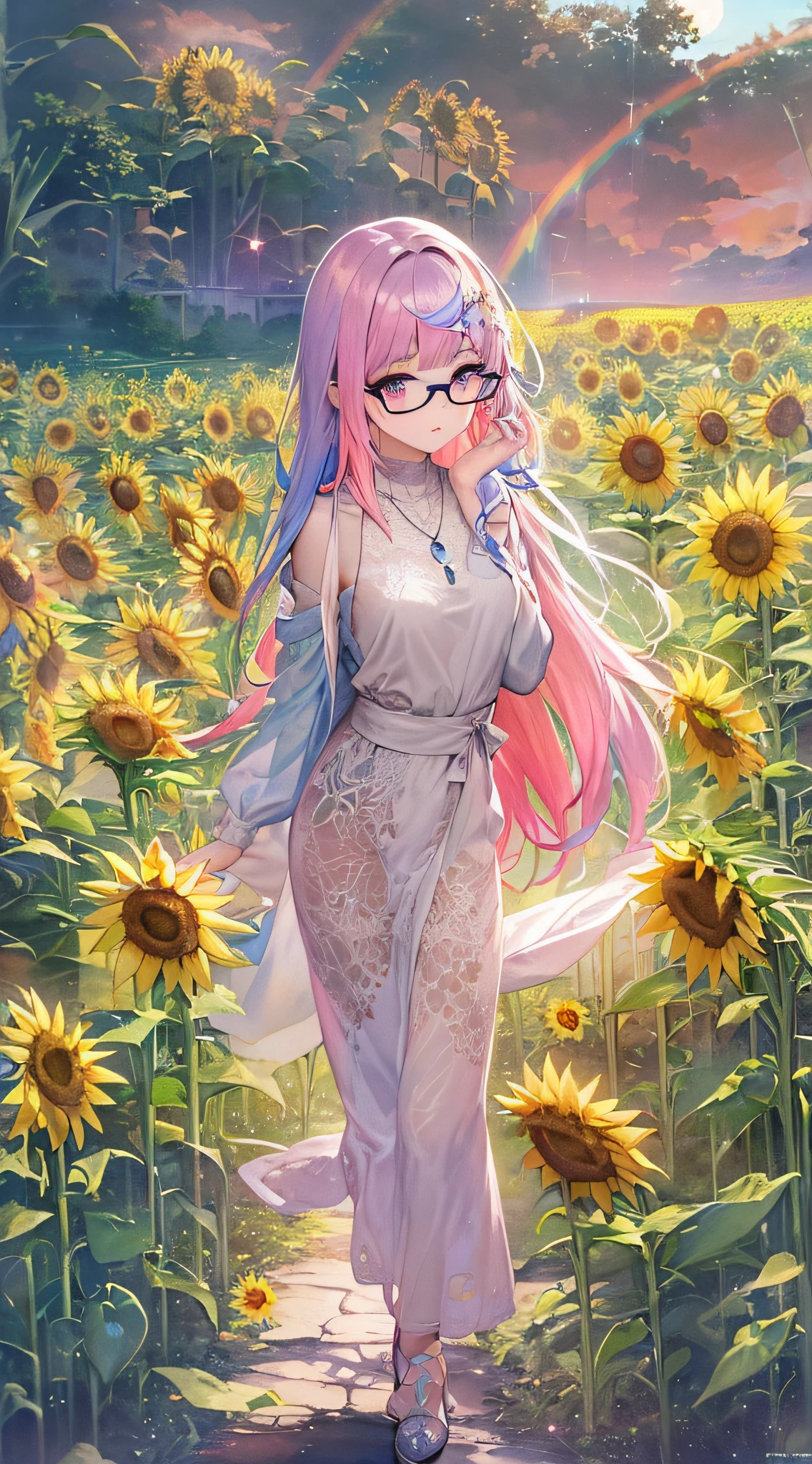 ((masterpiece、top-quality、Watercolor art(Pendants)、Official art、Beautifully Aesthetic:1.2))、(1girl in:1.3)、(Fractal Art:1.3)、full body Esbian、((Glitter pupils))、patterns、((rainbow-colored hair、colourful hair、Half blue and half pink hair:1.2))、colourfull、(Silver-rimmed glasses)、Writing、heterochromia iridis、(colourfull:1.5)、((Shy face))、one piece dress、(Standing)、(Hyper-detailing), ((delicate detail)), (intricate detailes), ((ciinematic light, best quality backlight)), highcontrast, ((The best lighting, extremely delicate and beautiful)), ((ciinematic light))、(ray trace reflection、brilliance)、((glowing aura))、((Radiant hair))、((The ultra-detailliert))、((8K))、(Background with:Sunset and sunflower field:1.5)、(evening:2),(Background with:Evening glow:1.5)