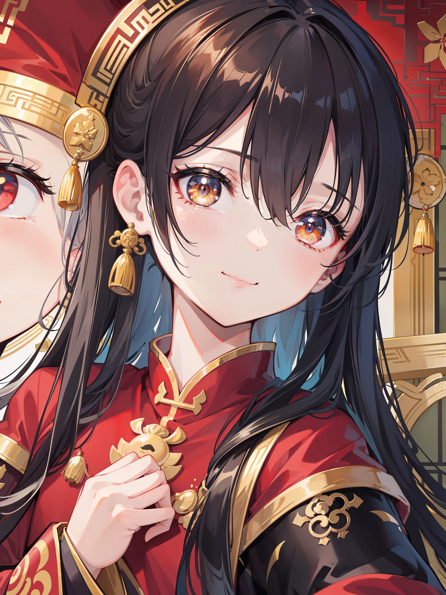 1 ,cabelos preto e longos,Gold eyes,Red silk robe in ancient Chinese style,Childish feelings,Delicate and cute,Toothy smile,A masterpiece,There are God's eyes,In the background is a quaint Chinese room,Close-up portrait of the face