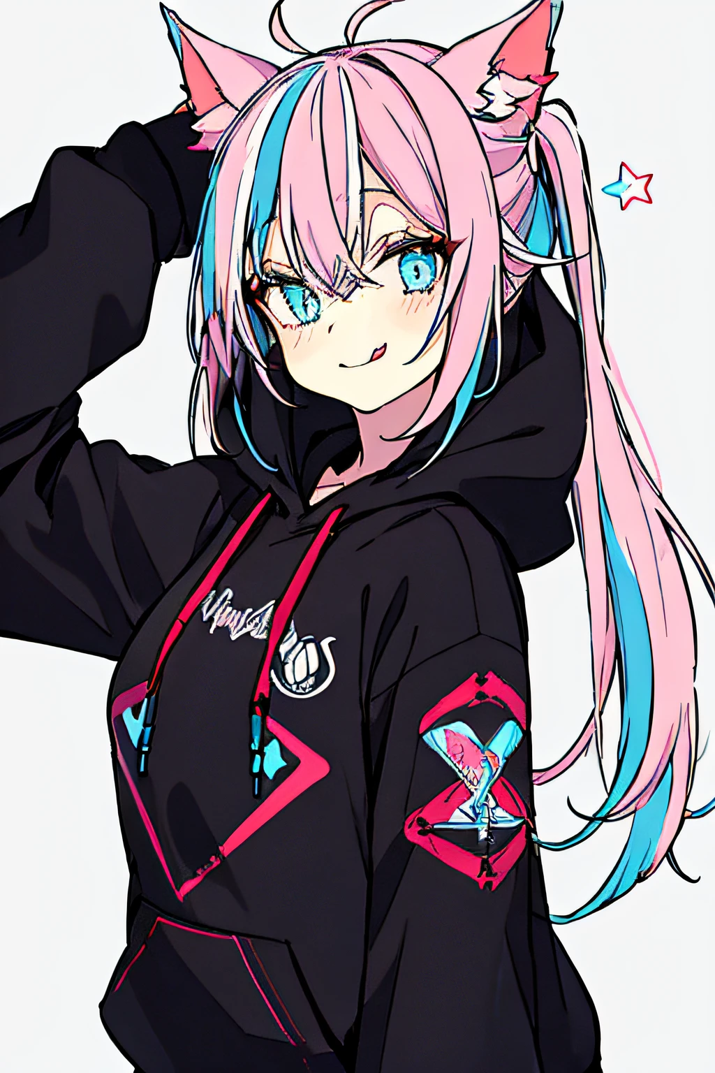 1girl, solo, hood, blue eyes, tongue, tongue out, long hair, long sleeves, bangs, hood up, black hoodie, arm up, upper body, multicolored hair, looking at viewer, white hair, hair between eyes, puffy long sleeves, hoodie, puffy sleeves, pink hair, drawstring, blush, closed mouth, :p, fake animal ears, virtual youtuber, sleeves past wrists, smile, horns, black jacket, jacket, two-tone hair