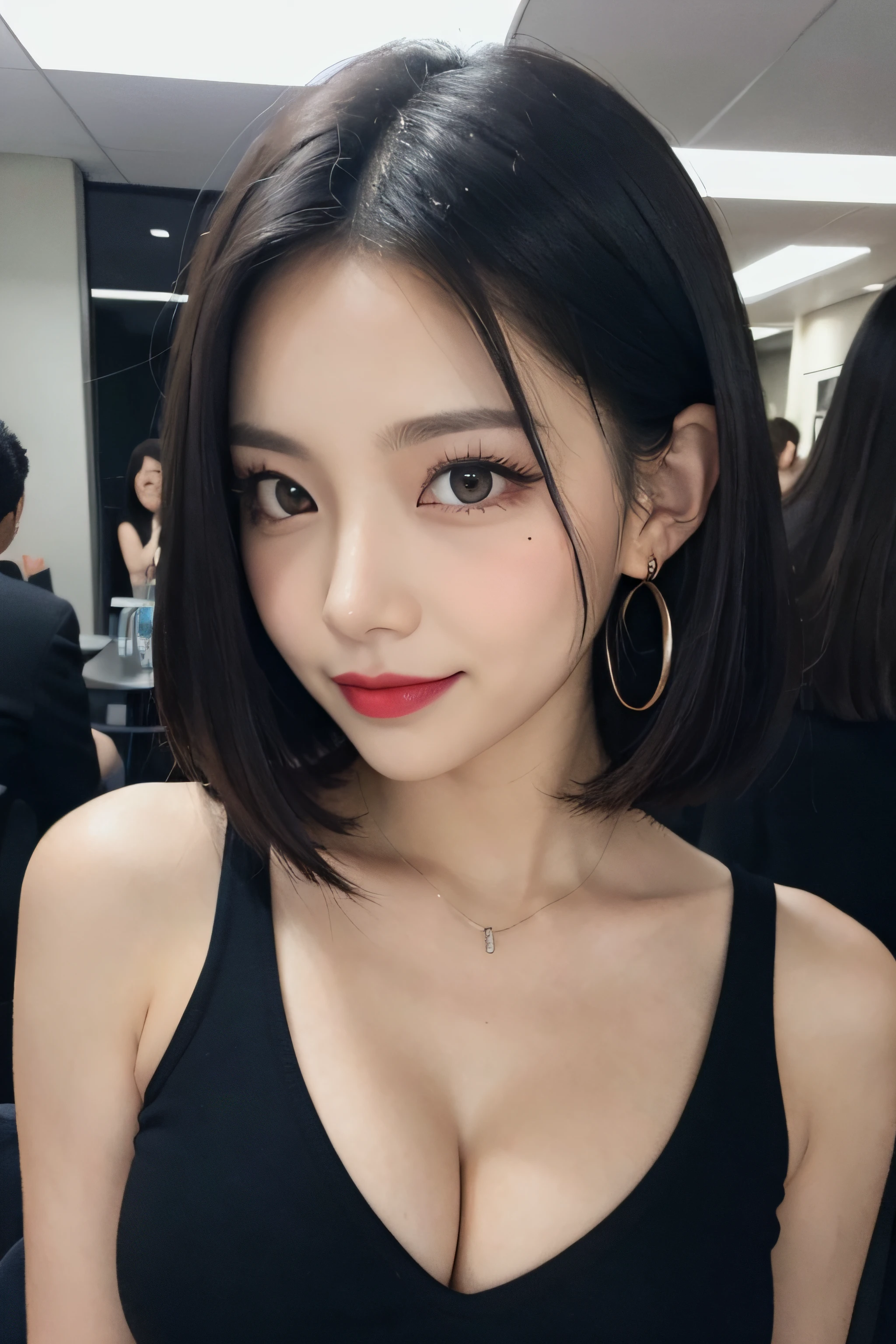 black hair, hair bobbles, longeyelashes, solid circle eyes, light smile, mole under eye, heart earrings, light smile, shy, puckered lips, Surrealism, drop shadow, stereogram, pov, atmospheric perspective, depth of field, first-person view, f/1.8, 8k, super detail, ccurate, best quality, highres, best quality,full body